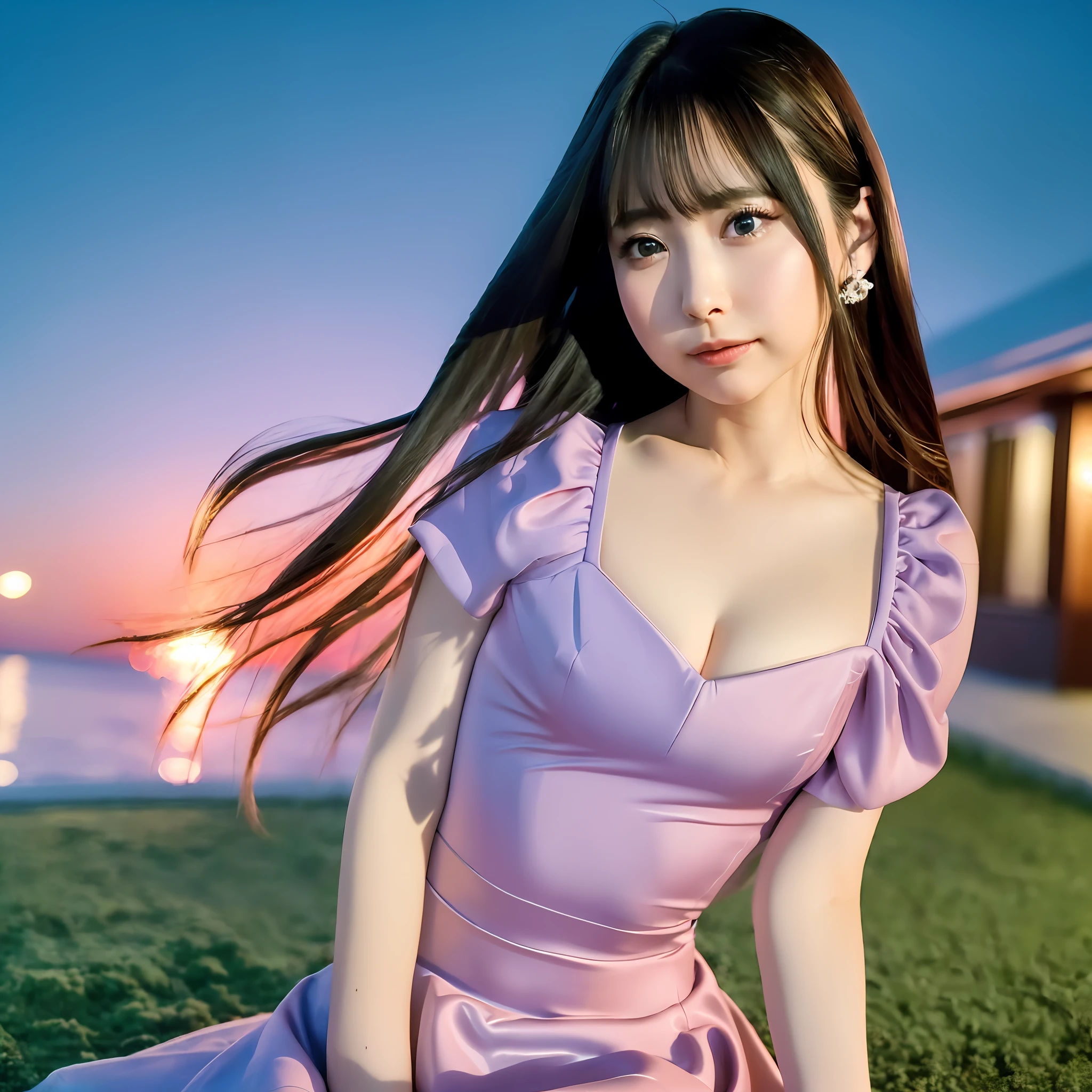 (8k, top quality, masterpiece: 1.2), (realistic, photorealistic: 1.37), super detailed, girl single, cute, solo, midnight, beautiful detailed sky, detailed café, sitting, date, (blush), (smile: 1.15), small breasts (mouth closed), beautiful fine eyes, floating hair NovaFrogStyle, back open dress