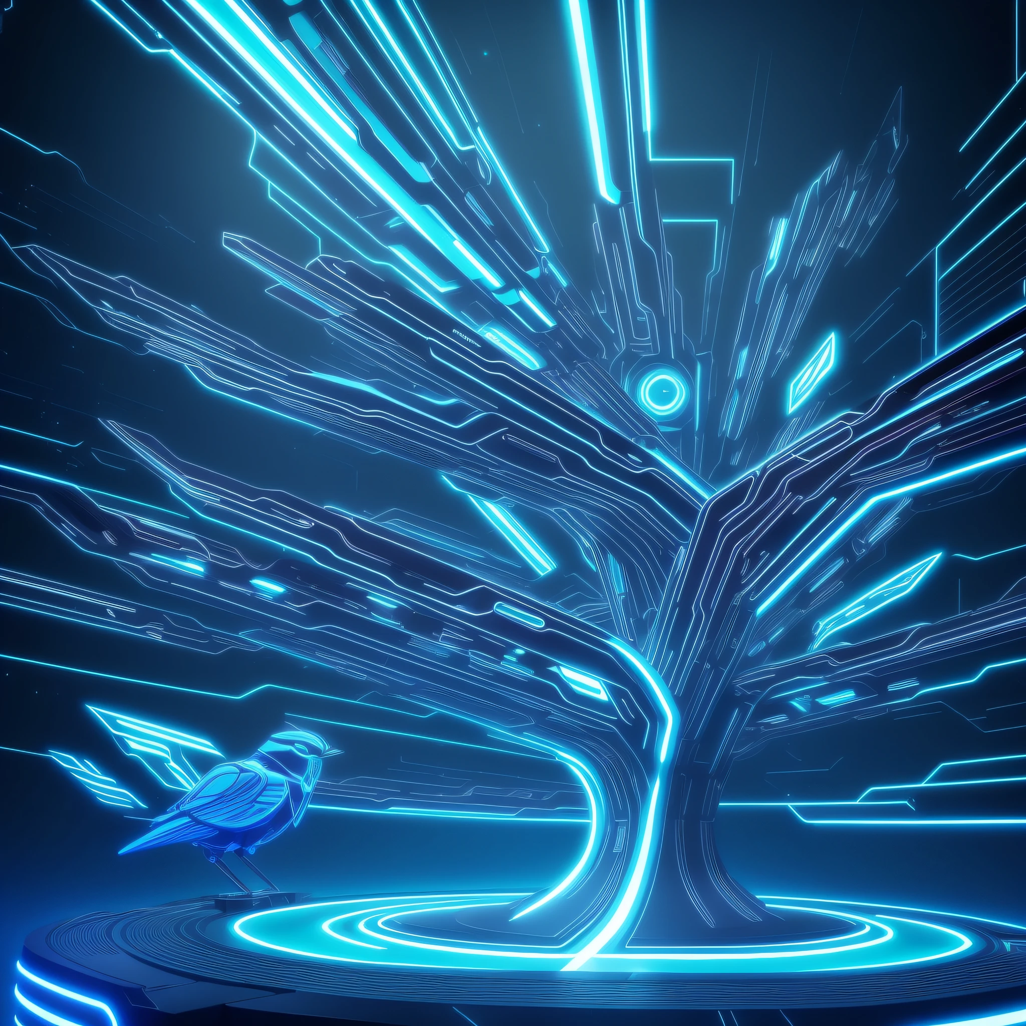 Create a dynamic cyberpop illustration of a neon robotic bluebird perched on a techno-tree. The style should blend retrofuturism with modern pop art, and the colors should feature a varied palette of shimmering neon shades. Incorporate subtle references to classic sci-fi movies as well as unique futuristic technological aspects that are visually interesting.