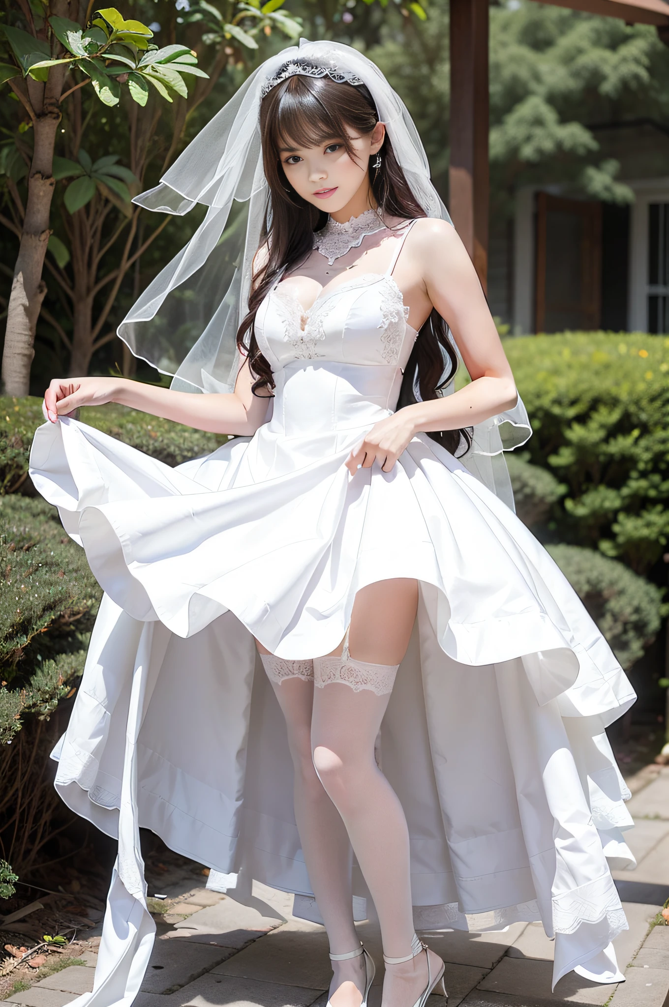 There is a beautiful woman in a white dress and veil posing for a photo, portrait of a magical ta girl, dress, beautiful Delfin, angelic pretty, white, medium breasts, beautiful legs, glossy white stockings, white lace suspender stockings through the skin, full body photo, 70-200mm, wedding dress, white wedding dress, western wedding dress, tall, beautiful legs, long legs, dense forest