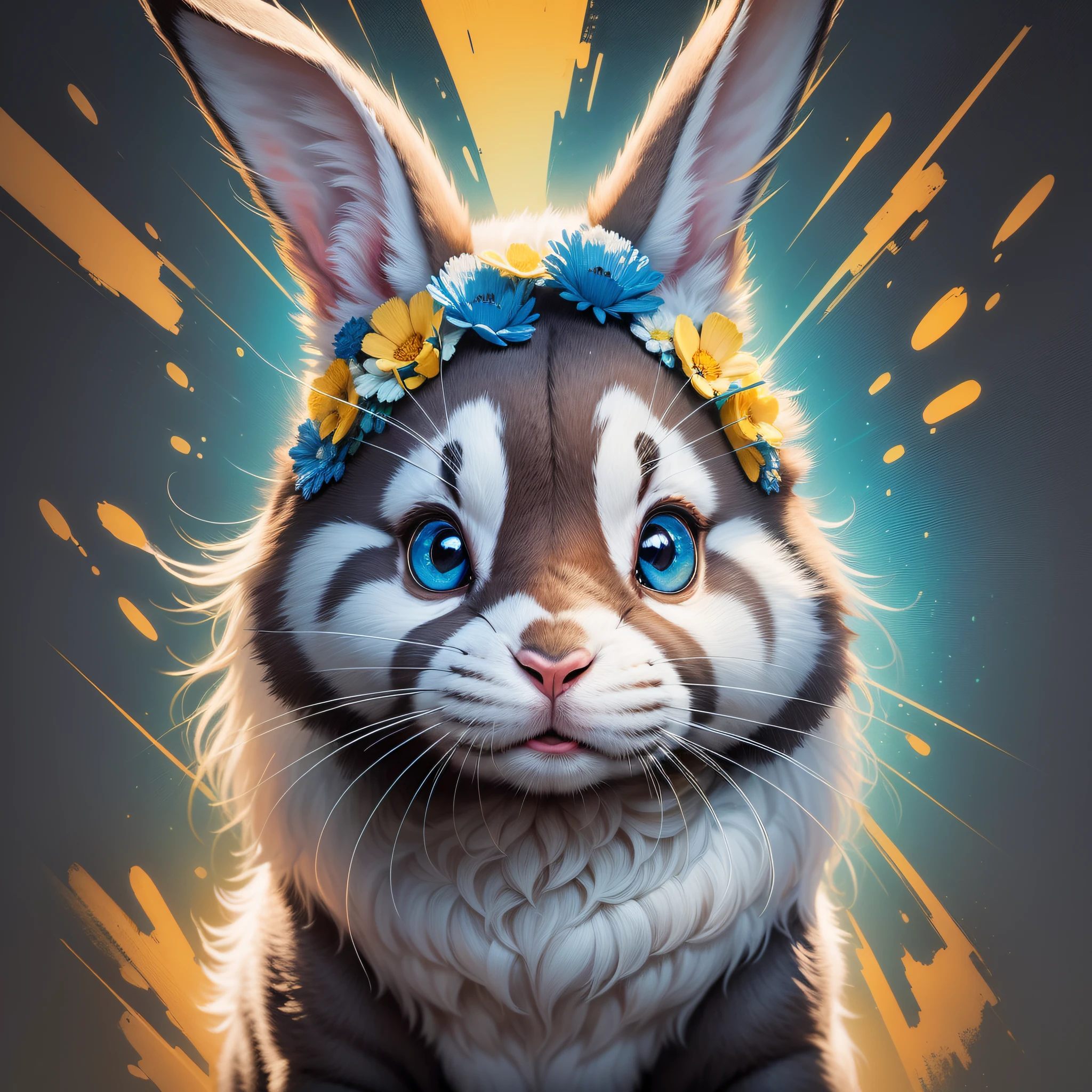 An image of a striking portrait of a [Happy Rabbit Animal], painted in a bold and expressive style, illuminated by a dramatic spotlight, extremely detailed, ultra realistic, 10k high resolution, in the style of caricature, cartoon, manga, Pop Art, Surrealism, Abstract Expressionism, White, Black and Blue