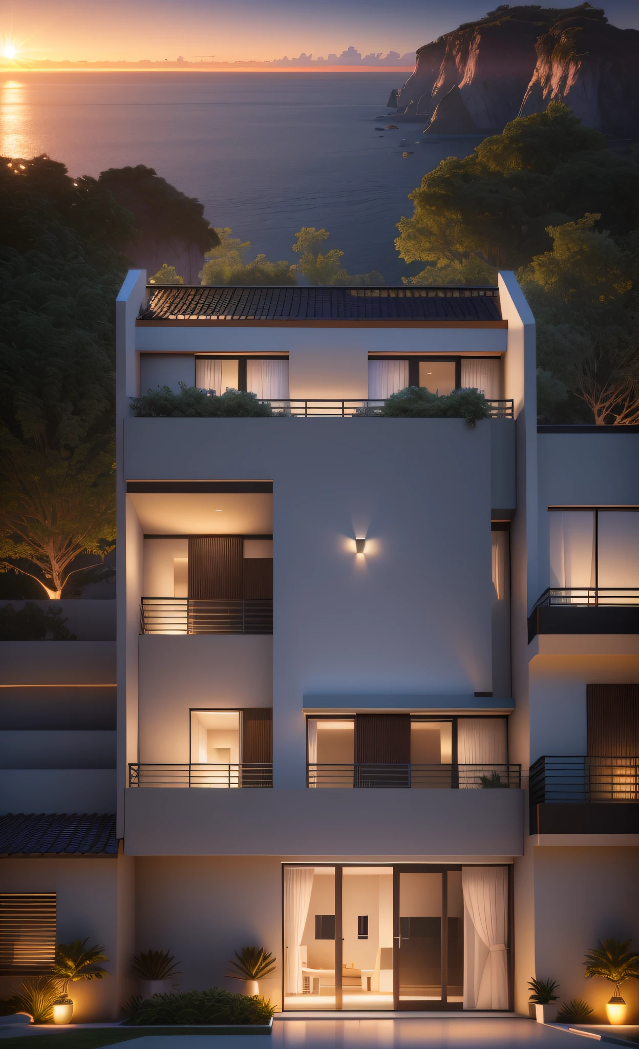 about the villa at sunset, beach villa, with shimmering lights, arafed model of a modern apartment building with multiple levels, night time render at 6:00 am o'clock, highly detailed render, rendered in lumion pro, semi - realistic render, 3 d render even lit, detailed archviz render, sunrise render or sunset render, architecture render, high render,hyper realistic, supper realistic, rendered in unreal engine 8k hq, rendered in Vray 8k,, fully detailed render, supper detail, brighteness sky, the people, beautyful day