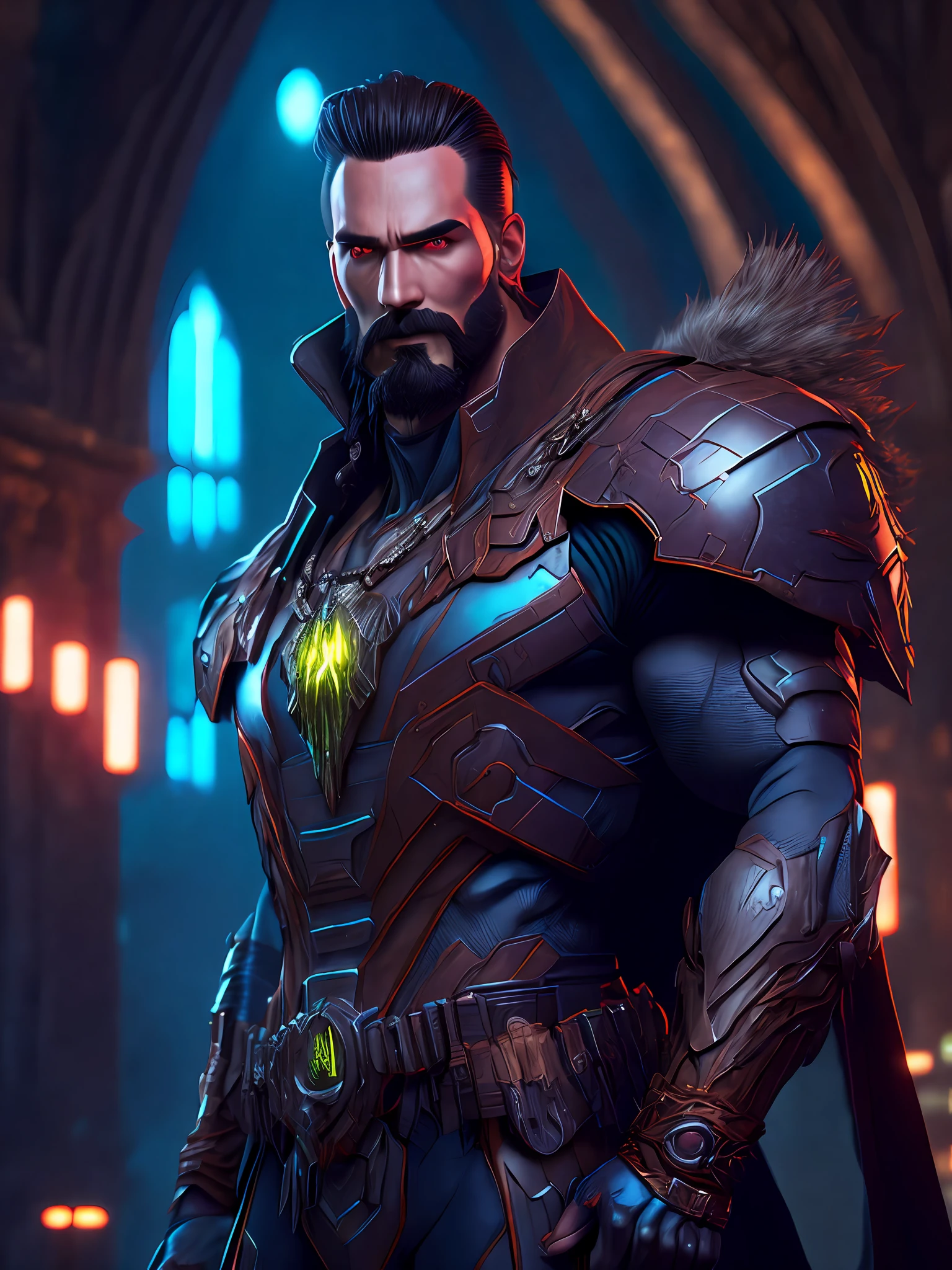 Portrait, Kraven the Hunter from Marvel, biomechanical, complex robot, full growth, hyperrealistic, insane small details, extremely clean lines, cyberpunk aesthetic, masterpiece presented at Zbrush Central, gothic brutalist cathedral, cyberpunk, award-winning photo, bokeh, neon lights, cybernetic limb
