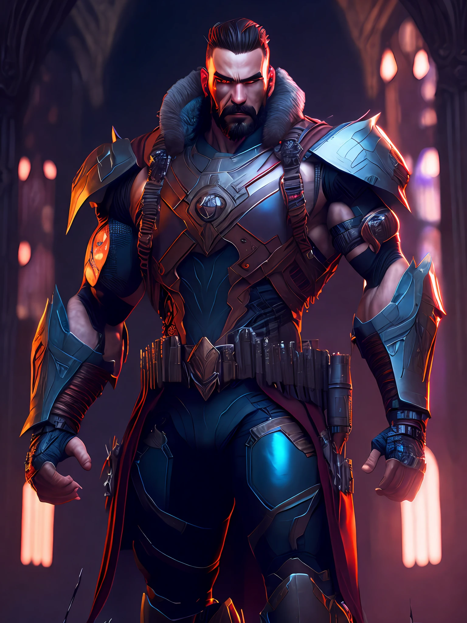 Portrait, Kraven the Hunter from Marvel, biomechanical, complex robot, full growth, hyperrealistic, insane small details, extremely clean lines, cyberpunk aesthetic, masterpiece presented at Zbrush Central, gothic brutalist cathedral, cyberpunk, award-winning photo, bokeh, neon lights, cybernetic limb