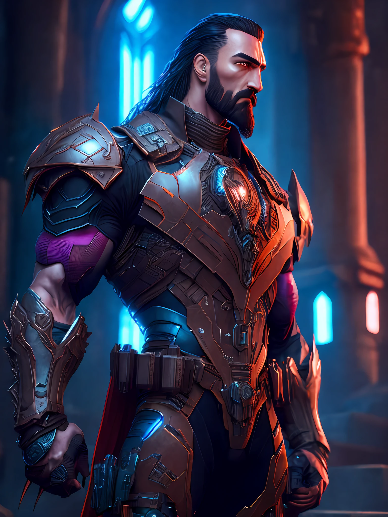 Portrait, Kraven the Hunter from Marvel, biomechanical, complex robot, full growth, hyperrealistic, insane small details, extremely clean lines, cyberpunk aesthetic, masterpiece presented at Zbrush Central, gothic brutalist cathedral, cyberpunk, award-winning photo, bokeh, neon lights, cybernetic limb
