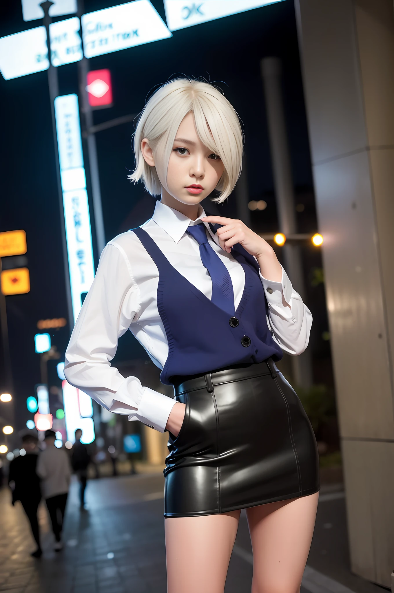 (8k, RAW photo, best quality, mastery:1.3),(realistic,photo-realistic:1.37),(night),(looking viewer:1.331),(white hair),posing,Tokyo street,nightcityscape,cyberpunk city,soft light, 1girl, goose egg face, bust, hands down, hairstyle casual, expression casual, big eyes, lower abdomen, (fashion trend women's clothing), JK_style, (personality JK_skirt), (bright color JK_tie), mix4