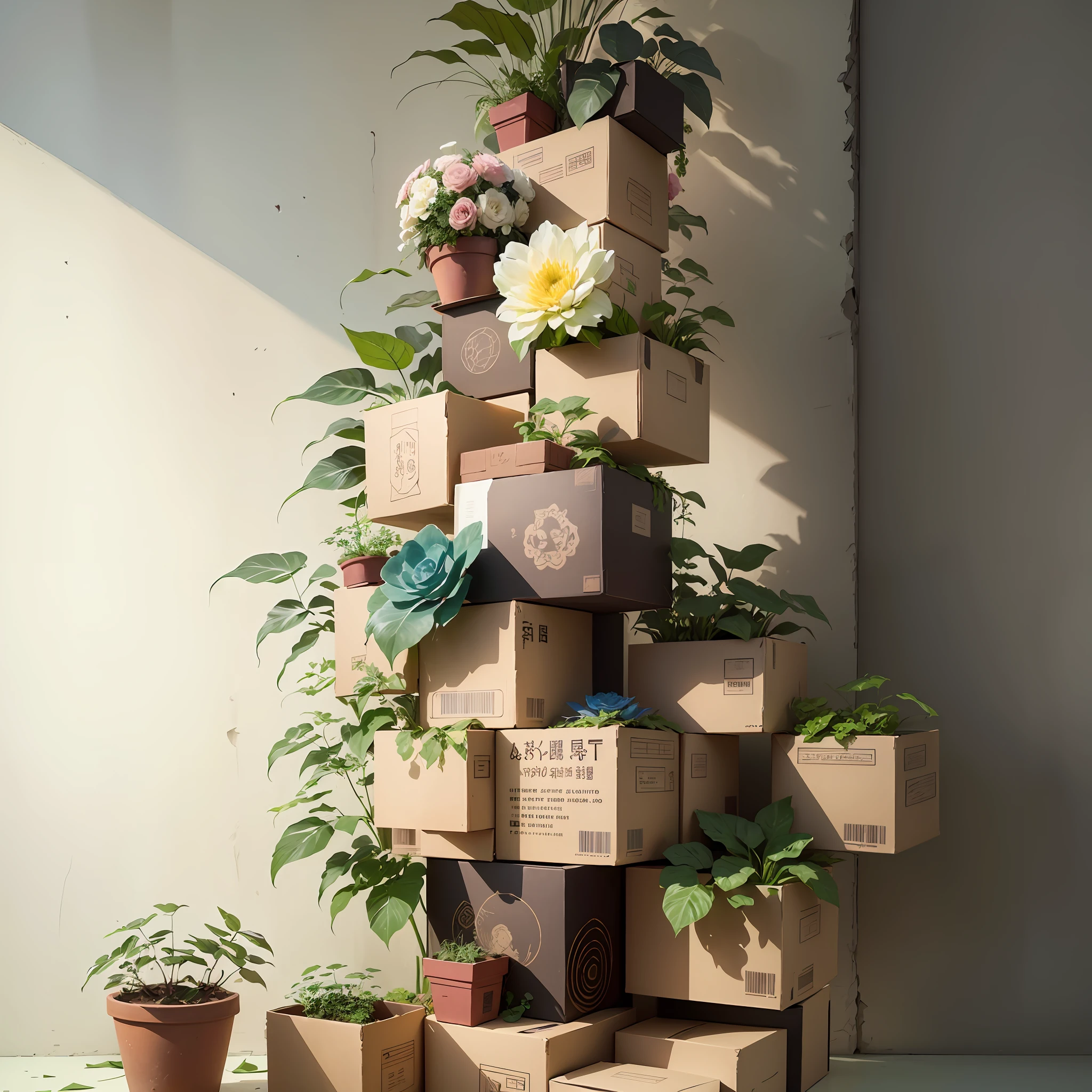 Some cardboard boxes stacked, plants and flowers. Books, plants and flowers come together to form a flower tower in a twisted and broken style. Incorporating contemporary Chinese art, online sculpture design aesthetics, avant-garde design, installation art and wedding design elements. The work uses warm colors of light and shadow. Showcasing exceptional detail --auto --s2