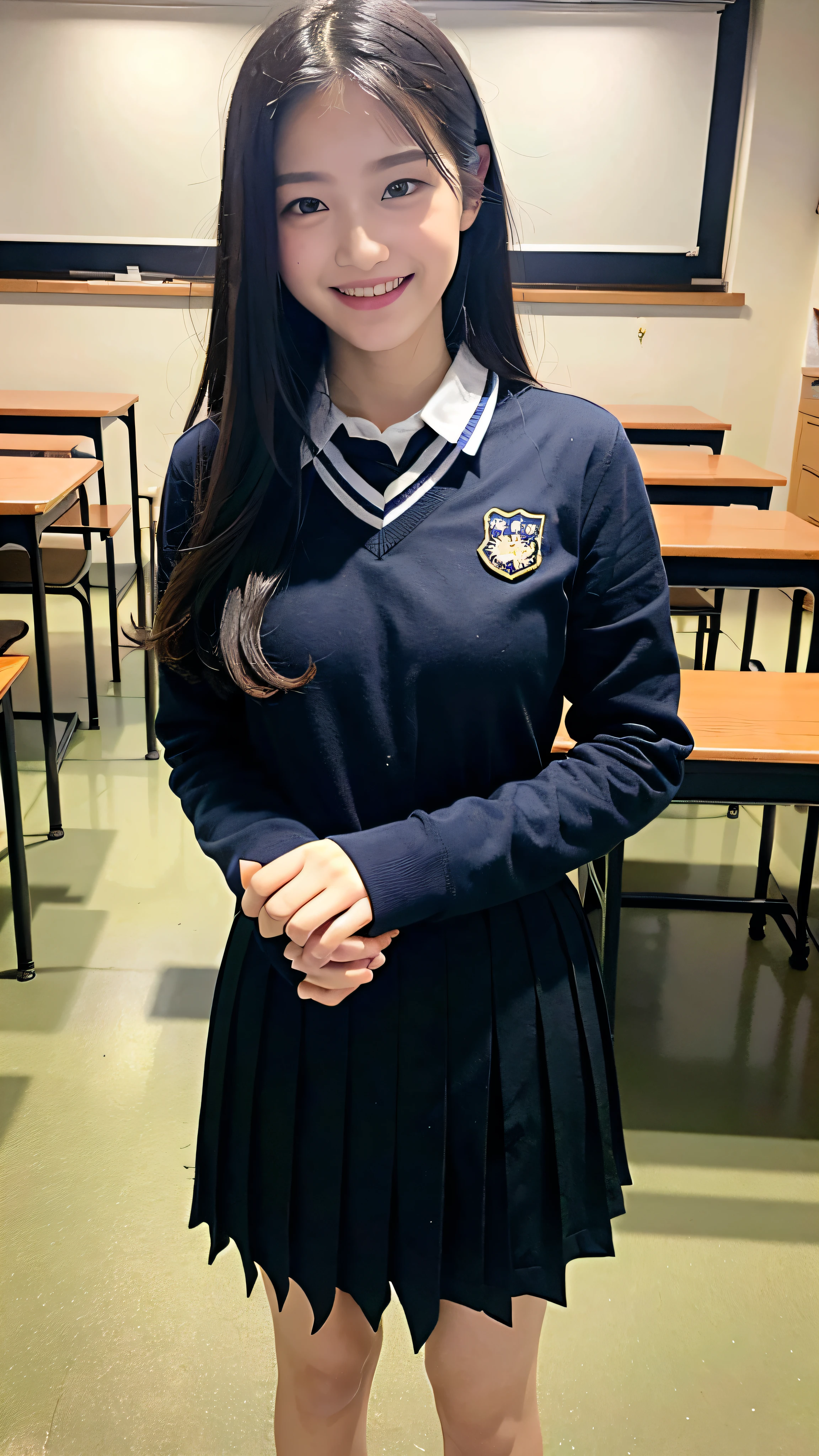 (Best Quality, 8k, 32k, Masterpiece, UHD: 1.2), Cute Japan Pictures of 12 year old girls, 1gril, black long hair, school, classroom, (detailed navy blue uniform: 1.2), (slouch: 1.8), viewer watching, POV, looking down, across the table, (hands on the table: 1.1), smile, full body