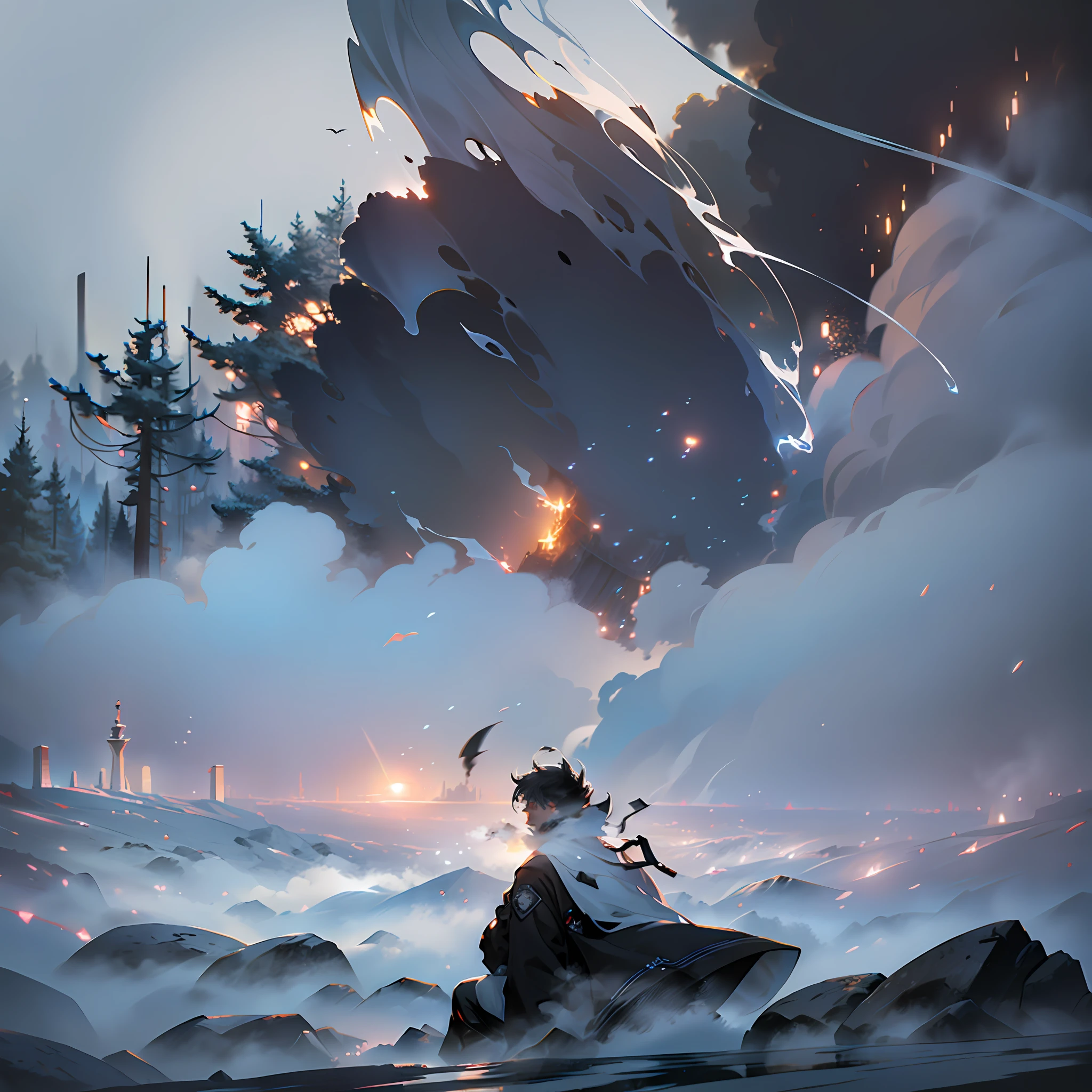 ((smoke:1.2 OR fog:1.3) AND white powder:1.2), fragmented pieces of a broken heart, swirling and dispersed in different directions, strong contrast between black and white, dark and light, emotional and dramatic, heavy atmosphere, deep shadows, cinematic style.
