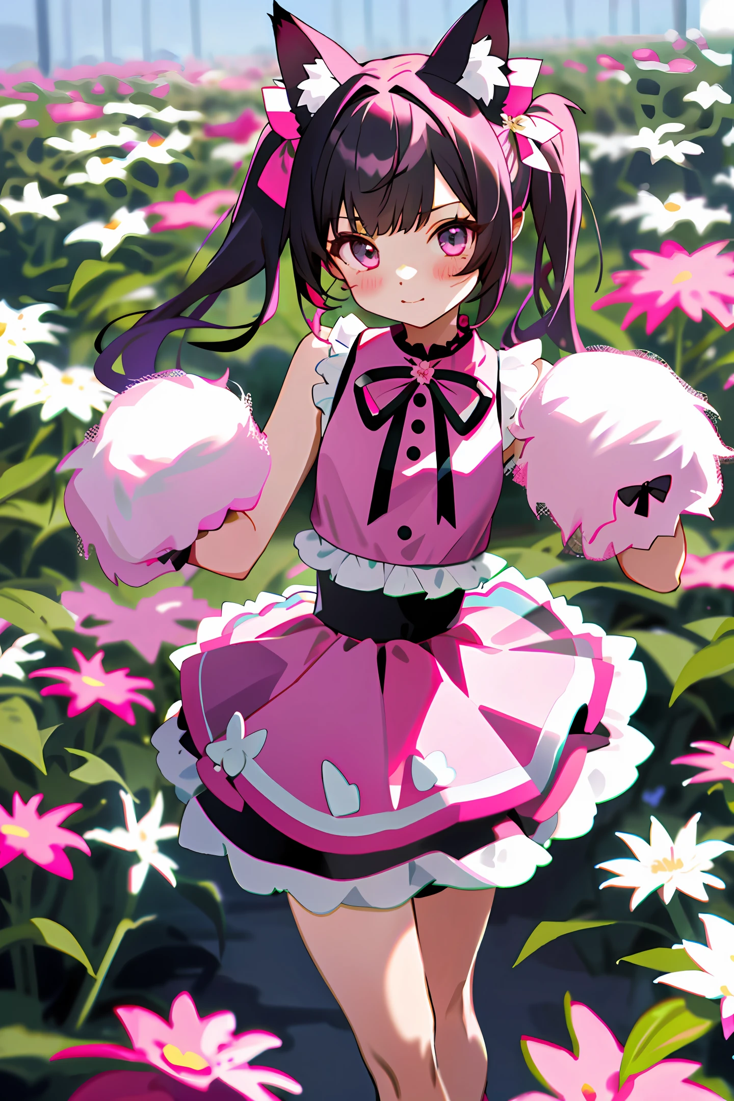 Best Quality, 1 Girl, Solo, Mine, Production, Cute, Bruise, Pink Top, Black Fluffy Mini Skirt, Twin Tails, Cat Ears, Ribbon, Flower Garden