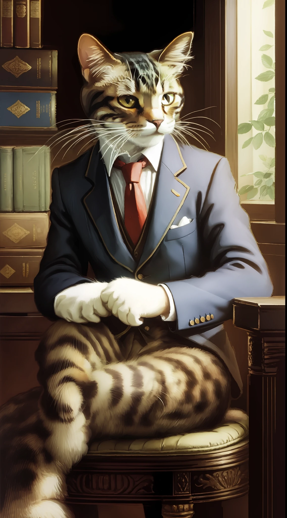 art by Henry Scott Tuke,sad and tired cat in tight office attire, sitting, high resolution, masterpiece, HD,