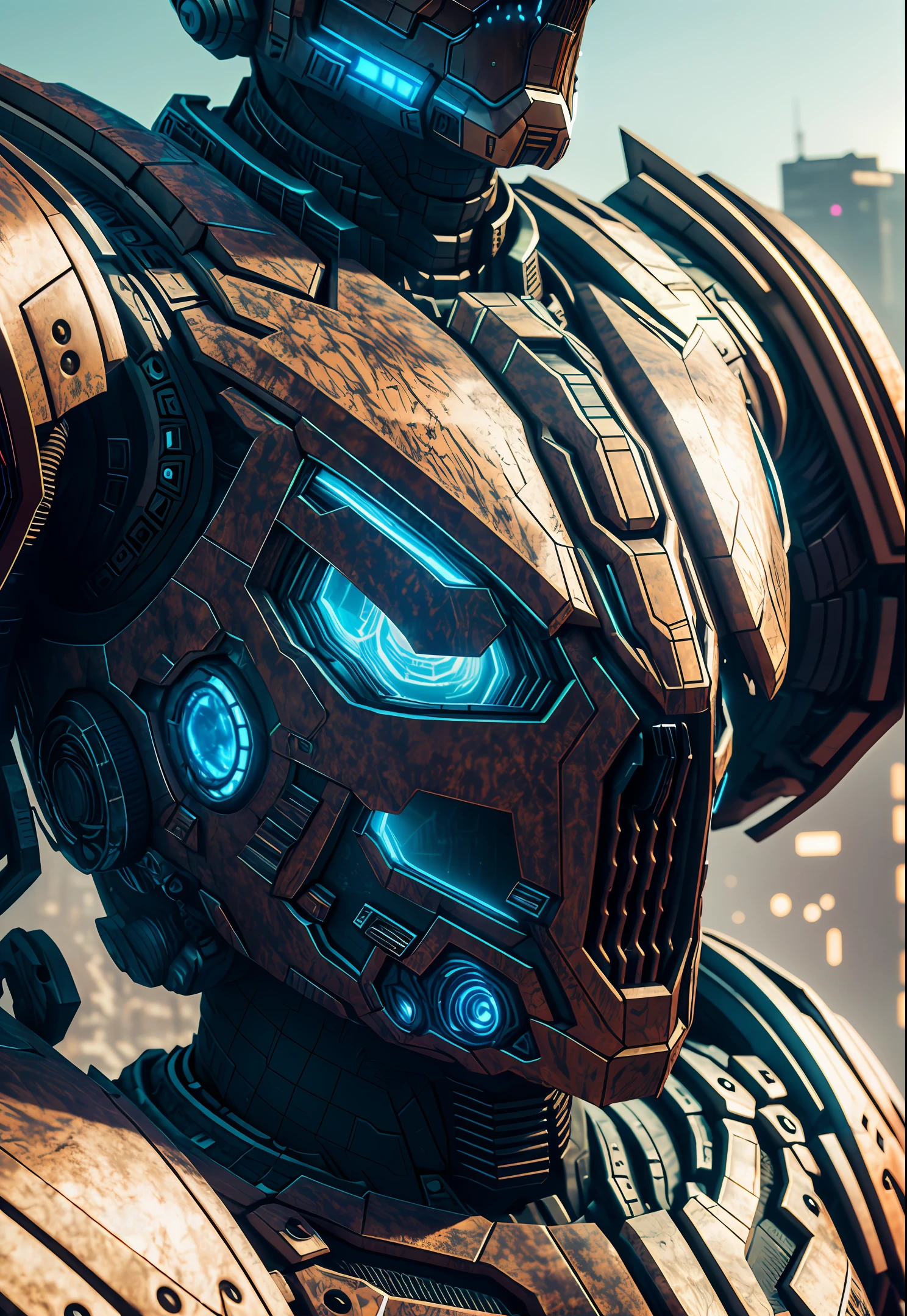 As a doomsday killer,Realistic sci-fi cyberpunk power armored robot,Close-up portrait film,8k,hdr,((complicated detail,Hyperdetailed)),(back lit:1.3),(movies:1.3),(ArtStation:1.3)