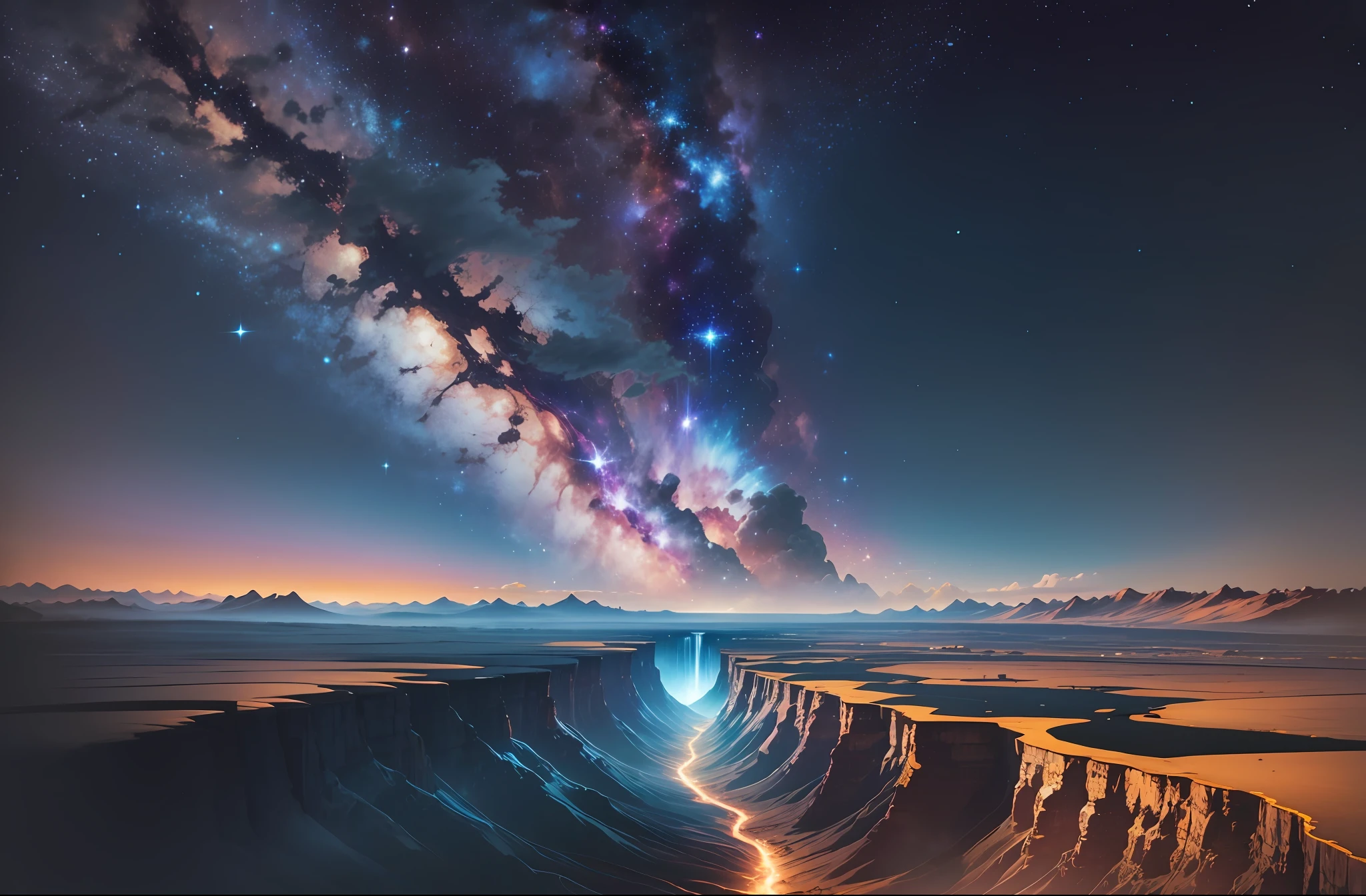 Night sky, landscape view of land, big planet on the sky, nebula, galaxy, stars, tress, Waterfall --auto --s2