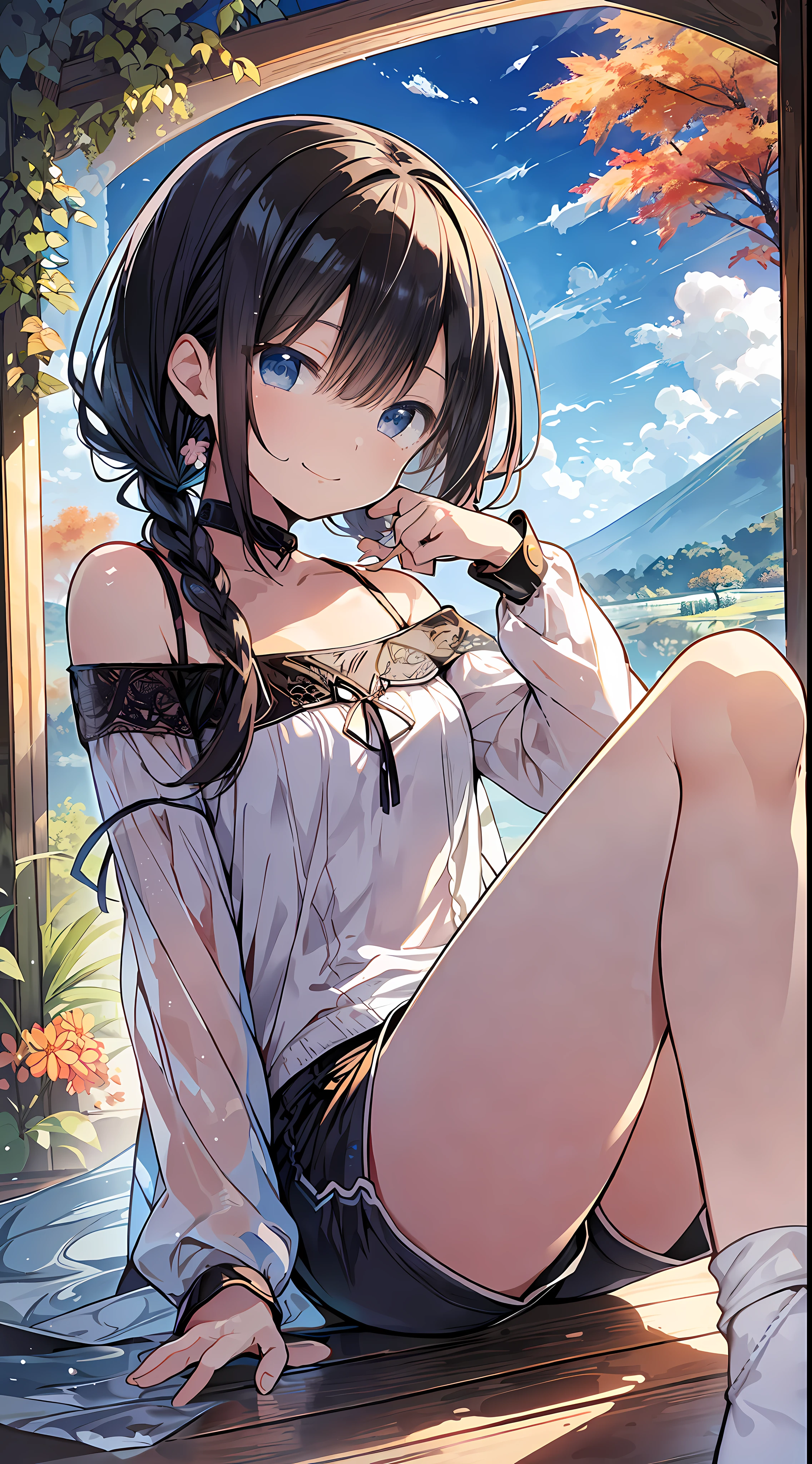 Top quality, masterpiece, ultra high resolution, 8k, (((autumn clothes, shirts, shorts)), shoujo manga style loli, one, soft line drawing, digital enhancement, shojo manga touch, shojo manga core, flowing fabric, close-up, (hair length to shoulders and short braids)), staring at us from the front, soft drawing, beautiful black hair, clear eyes, teasing smile, Ultra-detailed digital anime art, clear face depiction, ultra-detailed shoujo manga character art, ultra-detailed manga style, top quality colors, hand gestures, angle to see up to the feet, landscape with nature