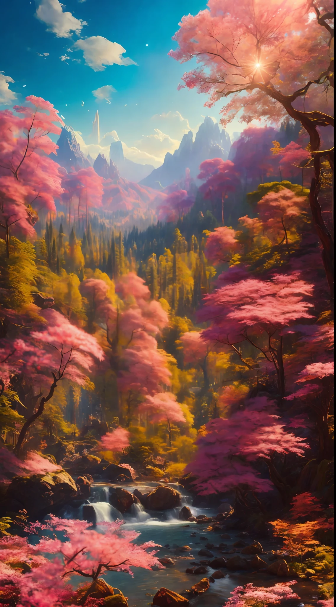 Chroma V5, nvinkpunk, (very detailed CG unified 8k wallpaper), majestic forest landscape surrounded by lush pink foliage, award-winning photography, chromatic aberration, detail, HDR, Bloom, Thomas Cole, Frederic Church and Albert Bierstadt, trends on artstation, trends on CGsociety, Intricate, High Detail，dramatic，art by midjourney