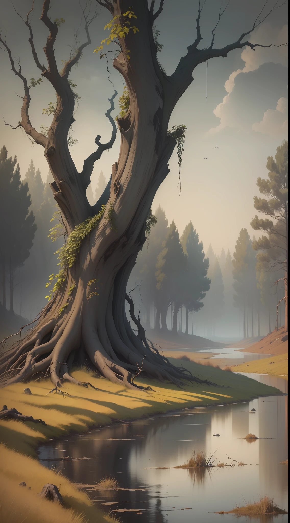 It is a picture full of vicissitudes and sadness. Dead vines and old trees, dull yellow skies, howling westerly winds and thin horses alone together outline a lonely and poignant scene. In this scene, the river of years flows, witnessing the tenacity and ceaselessness of life.