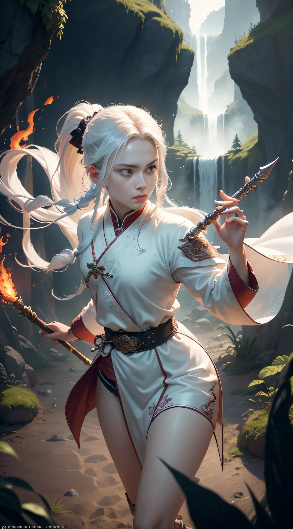 Fantasy Art, Photo Realism, Dynamic Lighting, Art Station, Poster, Volume Lighting, Very Detailed Faces, Fauvist Design, Bright Colors, 8K, Award-Awarded, A Young Man, White Long Flowing Hair, Clear and Clean Face, Ponytail Hairstyle, Hairpin, Chinese Style, White Robe, Black Plum Embroidery, Ancient Immortal Cultivator, Immortal Qi Surround Figures, White Mist, Flute, Ring Black Sword Qi Surrounding, Many Dao Sword Qi, Sword Qi Tearing Space, Dynamic Perspective, Red Belt, Defense Stance, Battle Readiness, The background is very cloudy, cloudy, rhapsody,
