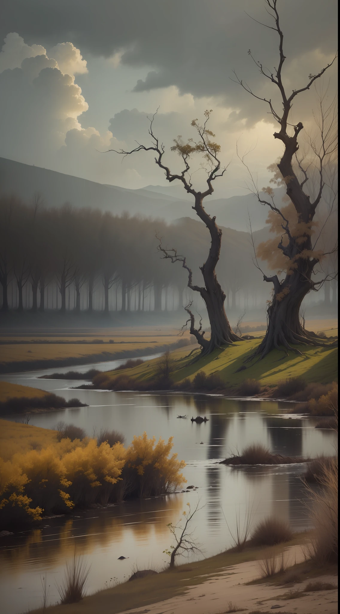 It is a picture full of vicissitudes and sadness. Dead vines and old trees, dull yellow skies, howling westerly winds and thin horses alone together outline a lonely and poignant scene. In this scene, the river of years flows, witnessing the tenacity and ceaselessness of life.