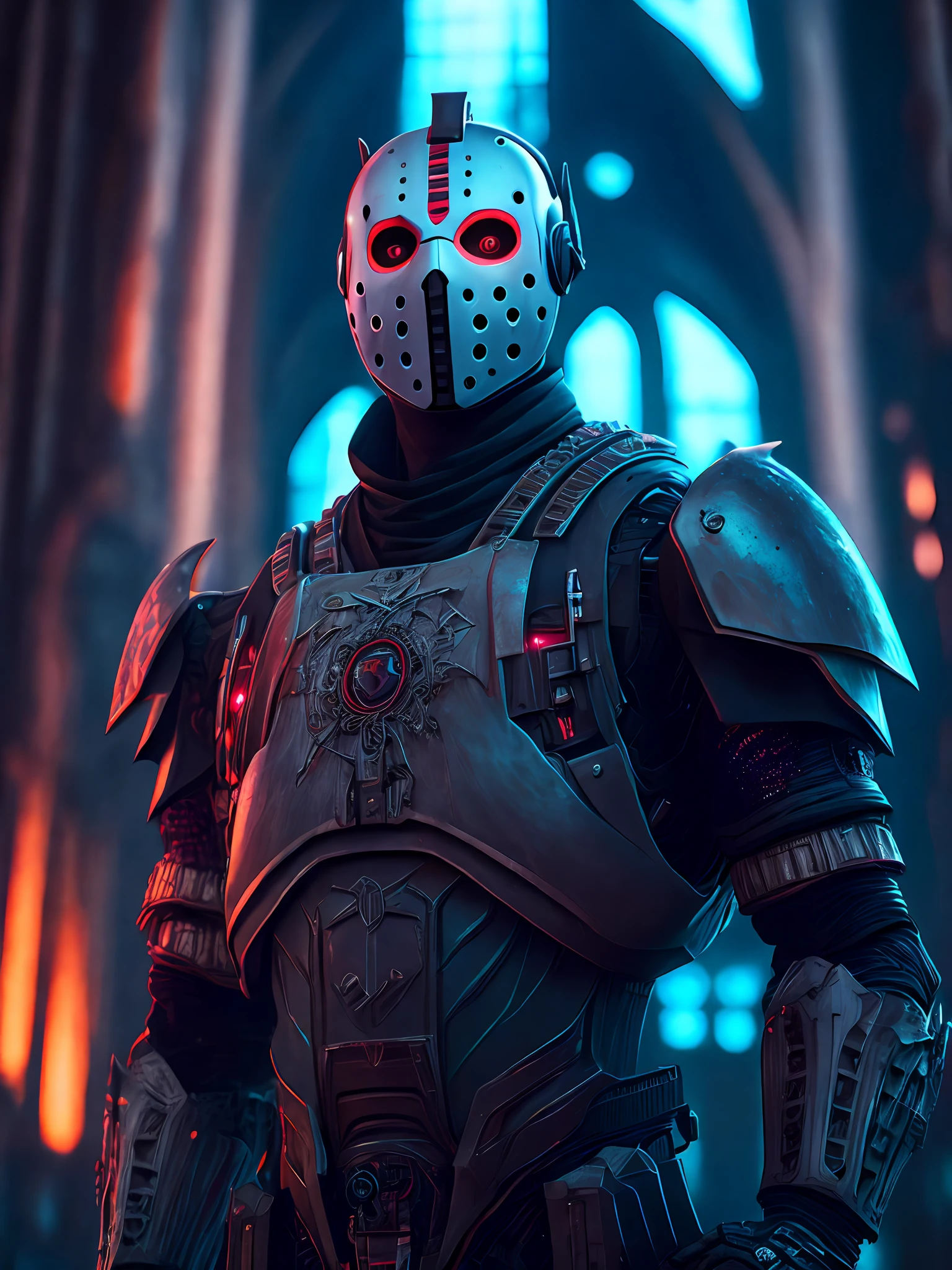 Portrait, Jason Voorhees, biomechanical, complex robot, full growth, hyper-realistic, insane small details, extremely clean lines, cyberpunk aesthetic, masterpiece presented at Zbrush Central, gothic brutalist cathedral, cyberpunk, award-winning photo, bokeh, neon lights, cybernetic limb