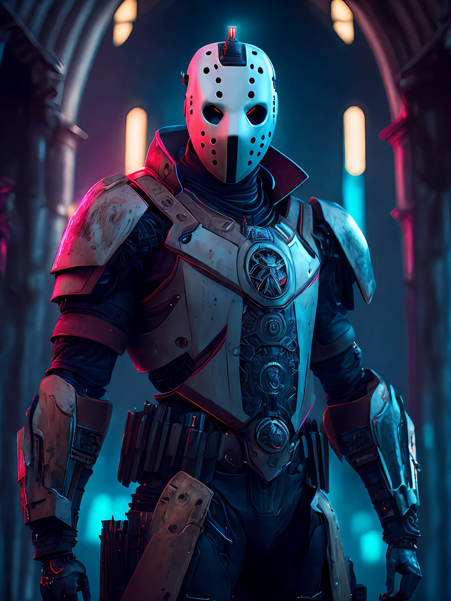 Portrait, Jason Voorhees, biomechanical, complex robot, full growth, hyper-realistic, insane small details, extremely clean lines, cyberpunk aesthetic, masterpiece presented at Zbrush Central, gothic brutalist cathedral, cyberpunk, award-winning photo, bokeh, neon lights, cybernetic limb