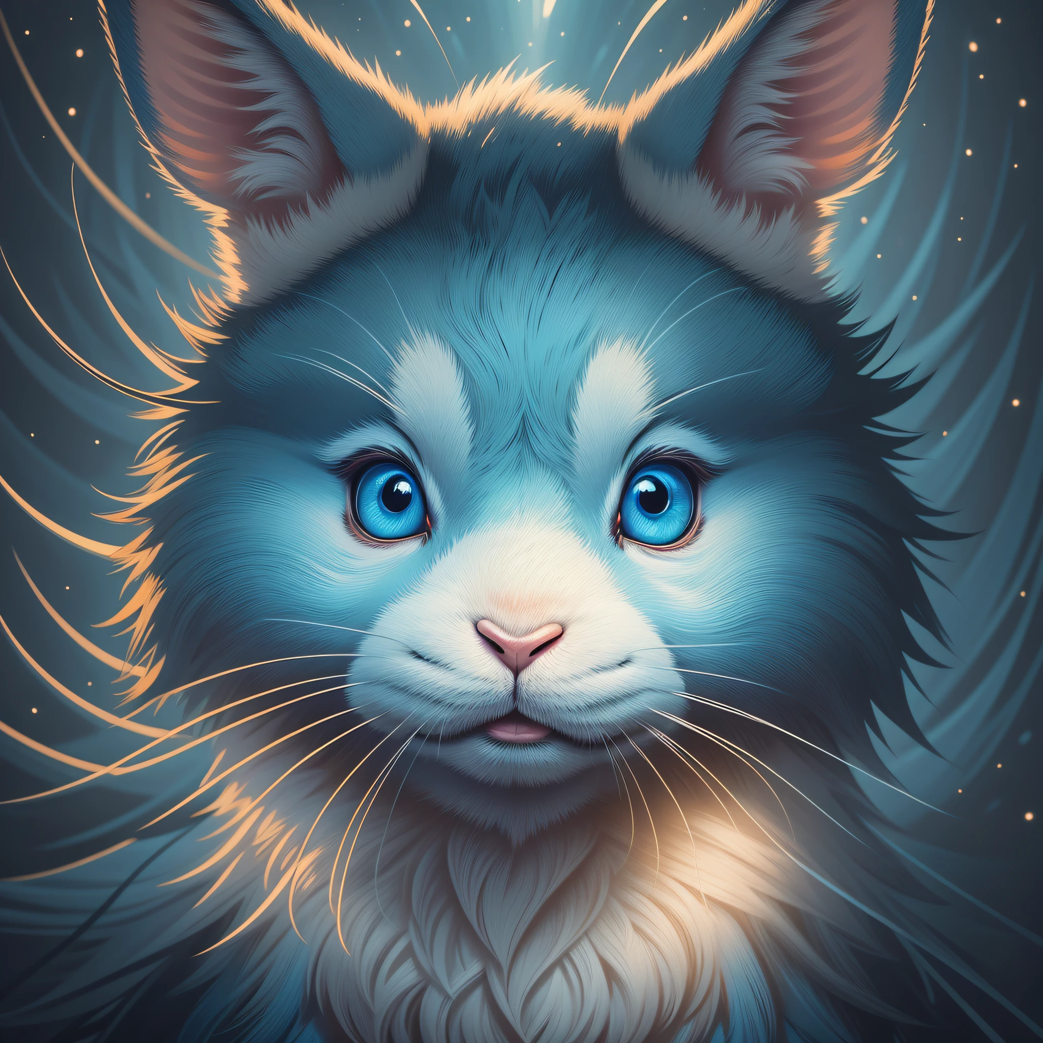 An image of a striking portrait of a [Happy Rabbit Animal], painted in a bold and expressive style, illuminated by a dramatic spotlight, extremely detailed, ultra realistic, 10k high resolution, in the style of caricature, cartoon, manga, Pop Art, Surrealism, Abstract Expressionism, White, Black and Blue