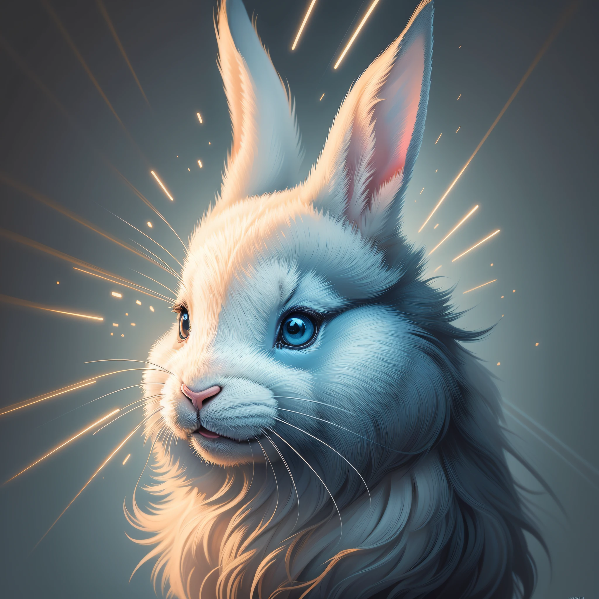 An image of a striking portrait of a [Happy Rabbit Animal], painted in a bold and expressive style, illuminated by a dramatic spotlight, extremely detailed, ultra realistic, 10k high resolution, in the style of caricature, cartoon, manga, Pop Art, Surrealism, Abstract Expressionism, White, Black and Blue