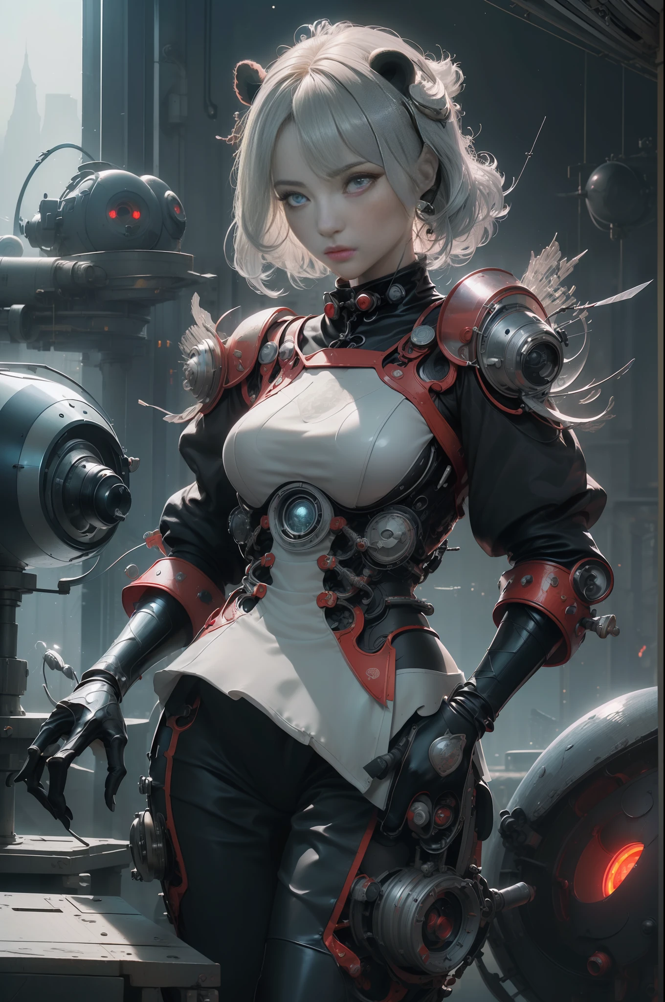[Detailed illustrations, art based on extremely ideal anatomy, very detailed and detailed drawings, slow and delicate lines, realistic texture expression],((Accurate simulation of light-material interactions, understanding of air flow, mechanically correct expression)),(Design built at a high level,((Advanced structural understanding)),Ideal color coordination),((Complex decoration ( Ultra-dense detail)),(Detail,High Definition)(Color tressed lines)),(Artwork with outstanding craftsmanship),(Fine and beautiful skin expression (transparency)))),(Perfect and beautiful face,Realistic face detail),(Perfect eye (Realistic pupil detail (Beautiful iris drawn in detail) (Sharp pupil))),((Perfectly proportioned and perfectly proportioned)),(Lab background),[ HENTAI ANIME Girl Chinese pretty Cyborg 15 years old (Short hair)] skinny Kung Fu Machine legs ((built-in engine: 0.4)),[Red cheongsam],((Panda) (Translucent fitting rubber inner)),((Platinum coating),(Science fiction Mechanical Bioengineering),[Ultra precision detail, HighQuality,High Resolution,((Multilayer Texture))],((Visual Art with a Narrative Feel)).