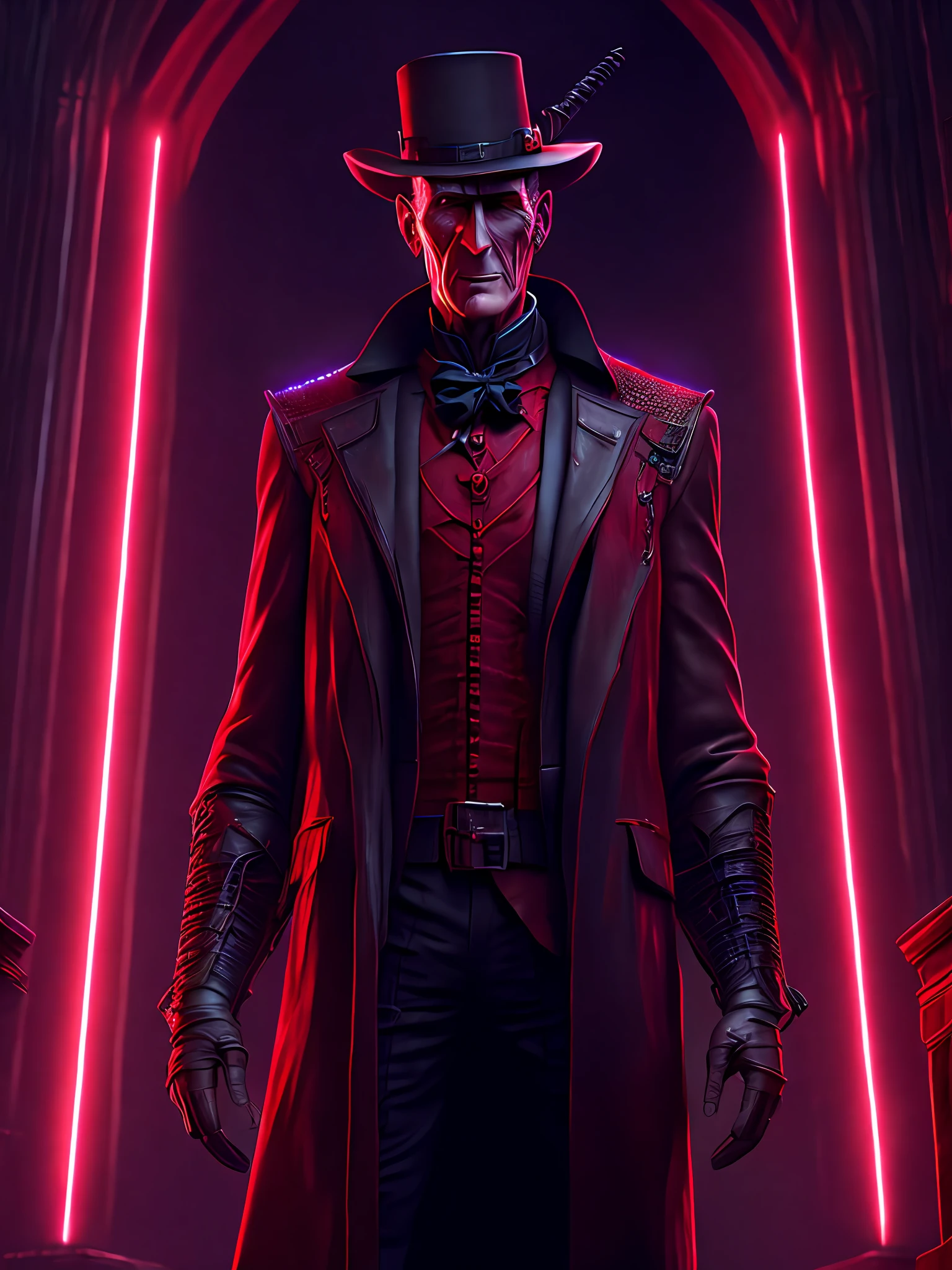 Portrait, Freddy Krueger, biomechanical, complex robot, full growth, hyperrealistic, insane small details, extremely clean lines, cyberpunk aesthetic, masterpiece presented at Zbrush Central, gothic brutalist cathedral, cyberpunk, award-winning photo, bokeh, neon lights, cybernetic limb