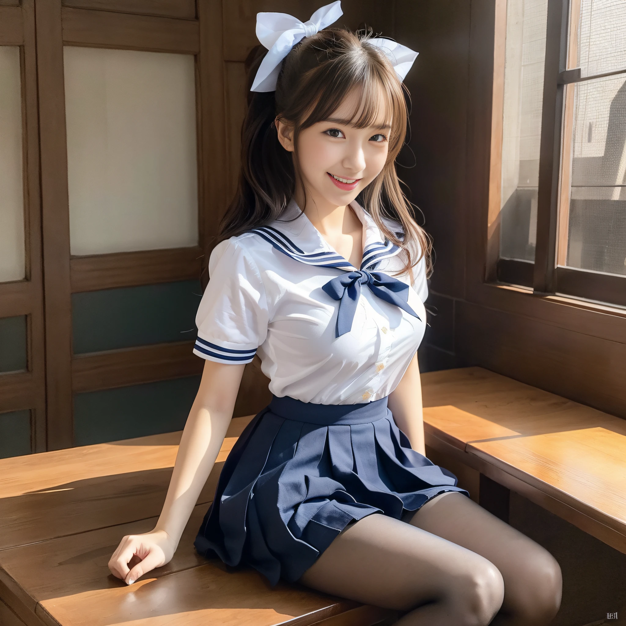 (8k),nsfw, (masterpiece:1.3), best quality, full color, illustration, high-res, extremely detailed, ultimate intricate, detailed beautiful eyes, detailed beautiful face, 1girl, solo, narrow waist, skinny, long hair, high ponytail, school uniform, skirt, serafuku, short sleeves, bow, sailor collar, shirt, ribbon, (blue skirt), (white shirt), (black pantyhose), open mouth, smile, fang, Sitting down,