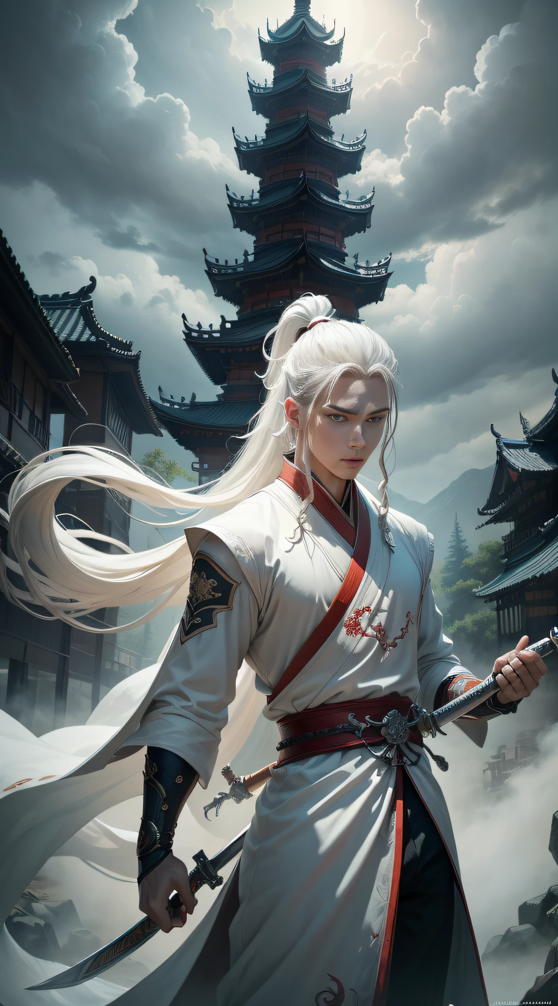 Fantasy Art, Photo Realism, Dynamic Lighting, Art Station, Poster, Volume Lighting, Very Detailed Faces, Fauvist Design, Bright Colors, 8K, Award-Won, A Young Man, White Long Flowing Hair, Clear and Clean Face, Ponytail Hairstyle, Hairpin, Chinese Style, White Robe, Black Plum Embroidery, Ancient Immortal Cultivator, Immortal Qi Surrounding Figures, White Mist, Sword Holding in Both Hands, Giant Sword on Back, Drawing Sword Slash, Japanese Taita, Long Sword, Ring Black Sword Qi Surrounding, Many Dao Sword Qi, Sword Qi Tearing Space, Dynamic Perspective, Red belt, defensive stance, battle stance, the background is very cloudy and foggy, ancient Chinese white dragon looms, clouds, rhapsody,