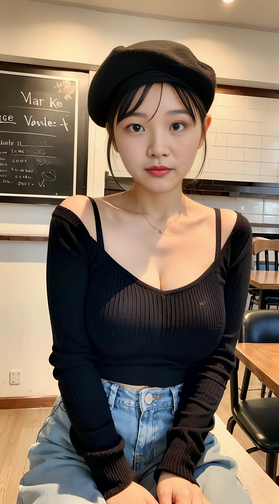 beret, junior high school student with too big, studying in a café, 15 years old, super breasts, saggy breasts, soft, sweat, short hair, knitted V neck