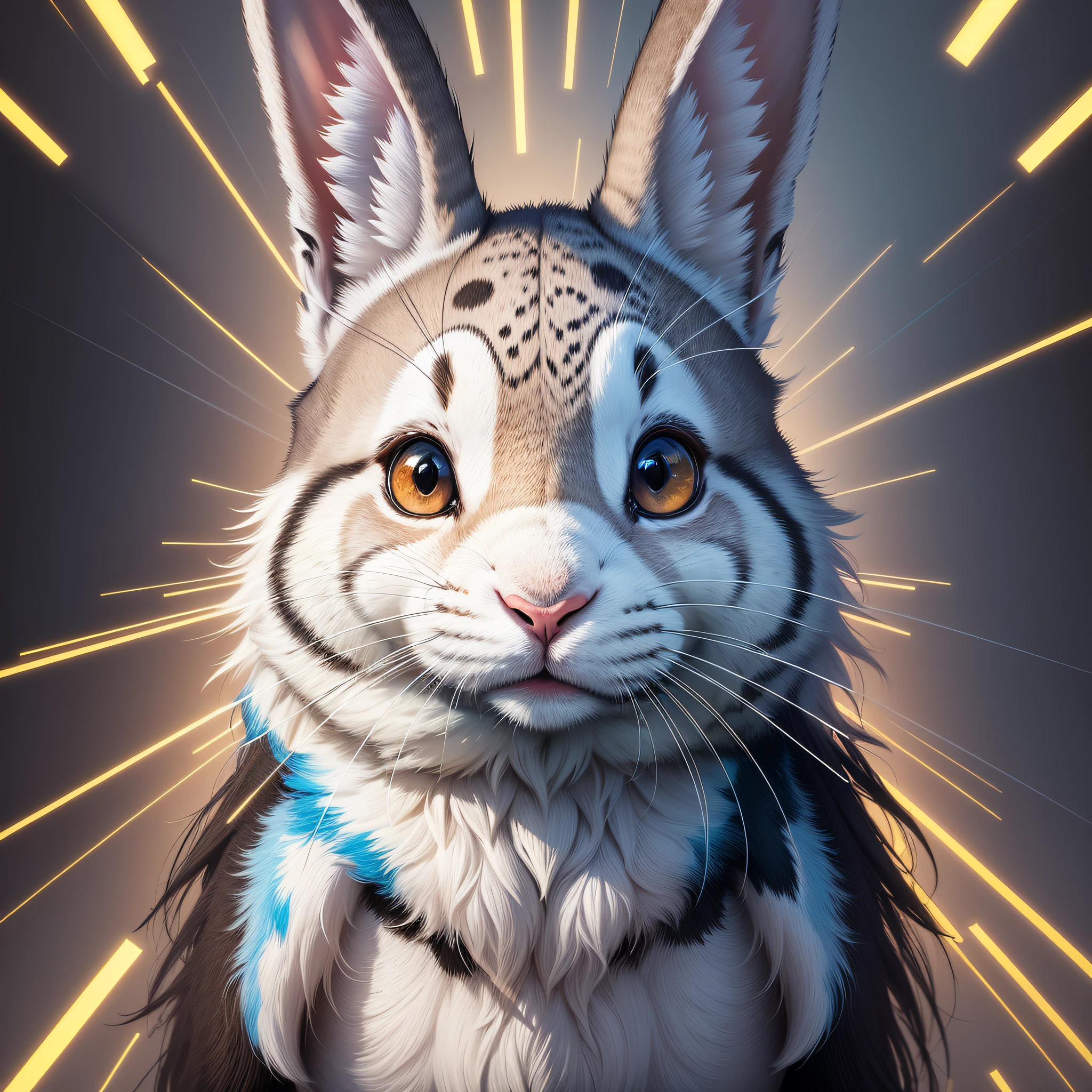 An image of a striking portrait of a [Happy Rabbit Animal], painted in a bold and expressive style, illuminated by a dramatic spotlight, extremely detailed, ultra realistic, 10k high resolution, in the style of caricature, cartoon, manga, Pop Art, Surrealism, Abstract Expressionism, White, Black and Blue --auto --s2