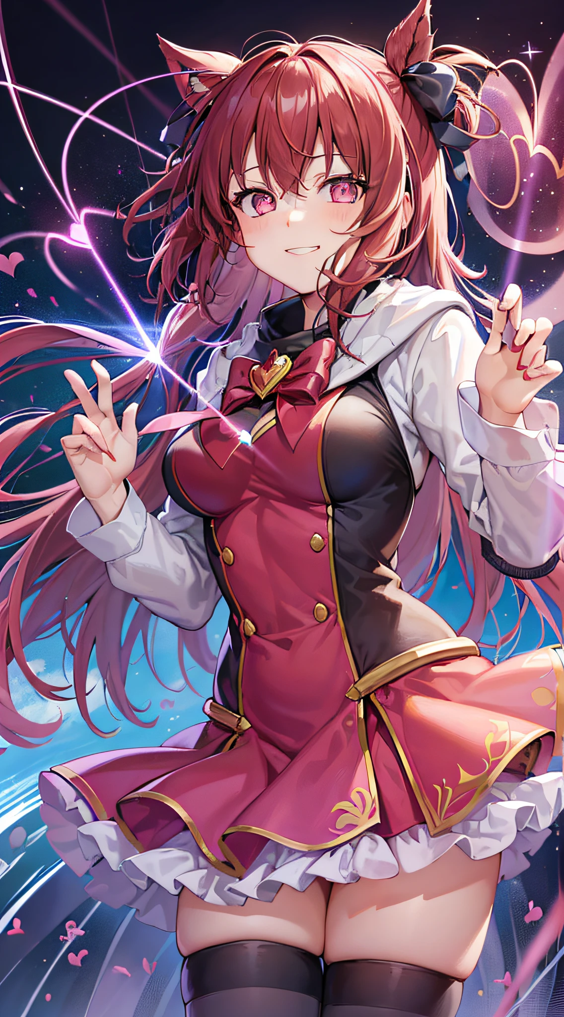 Absurdity, high resolution
break
One girl shooting wide (laser: 1.2) in the shape of a heart (laser: 1.2) to the viewer, red (magical girl) costume, smile, happiness, (fractal: 1.2) (laser beam of light: heart shape: 1.2) effect, growing heart, (ripple)
break
Nice and cute backgrounds
break
