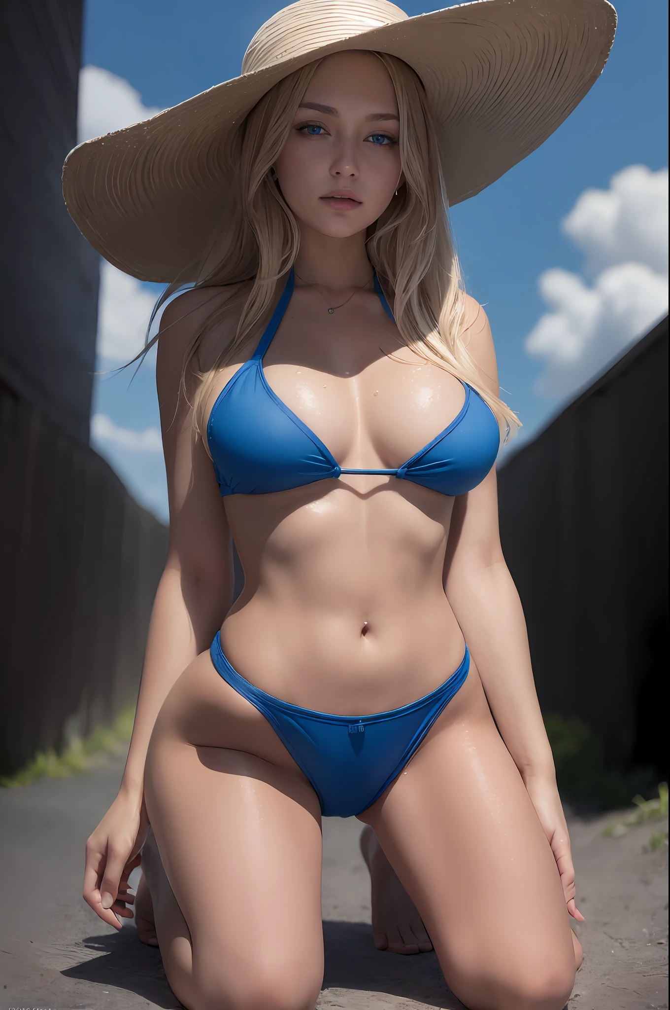 ((Top Quality, Masterpiece: 1.3)), (((Russian Beauty)), 1 Woman, 16 years old, Big: 1.3, Slender Body Type: 1.1, Toned Abs, Blonde Semi-Long Hair, (BEATCH, Wet Body, Cute Bikini: 1.1), Ultra Detailed Face, Detail Lips, Detail Eyes, Double Eyelids, Beach Ball, Smile, Blue Sky, Clouds, Look Left, Kneeling, Blue Eyes, Wide Shot