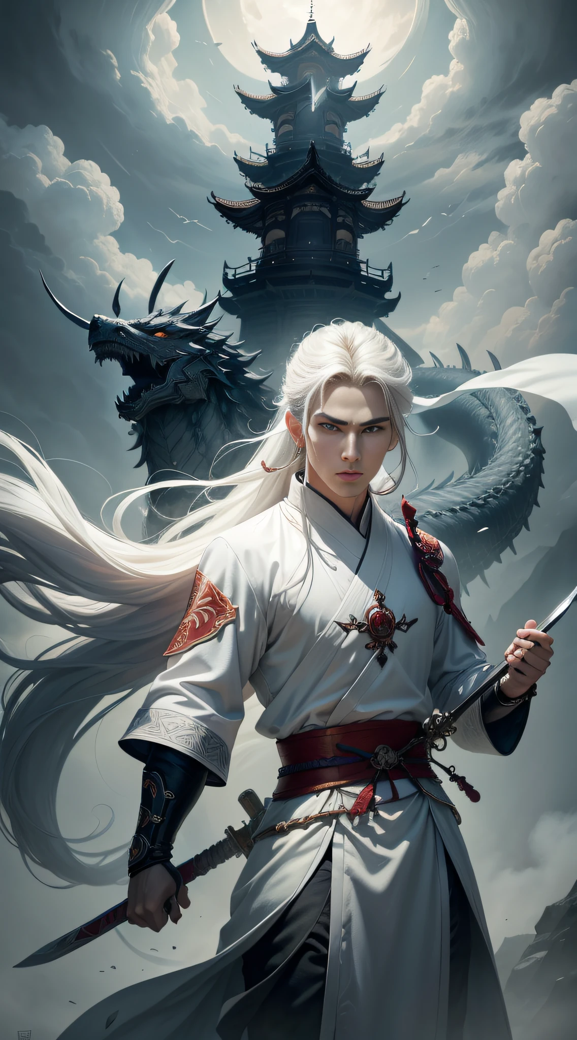 Fantasy Art, Photo Realism, Dynamic Lighting, Art Station, Poster, Volume Lighting, Very Detailed Faces, Fauvist Design, Bright Colors, 8K, Award-Won, A Young Man, White Long Flowing Hair, Clear and Clean Face, Ponytail Hairstyle, Hairpin, Chinese Style, White Robe, Black Plum Embroidery, Ancient Immortal Cultivator, Immortal Qi Surrounding Figures, White Mist, Sword Holding in Both Hands, Giant Sword on Back, Drawing Sword Slash, Japanese Taita, Long Sword, Ring Black Sword Qi Surrounding, Many Dao Sword Qi, Sword Qi Tearing Space, Dynamic Perspective, Red belt, defensive stance, battle stance, the background is very cloudy and foggy, ancient Chinese white dragon looms, clouds, rhapsody,