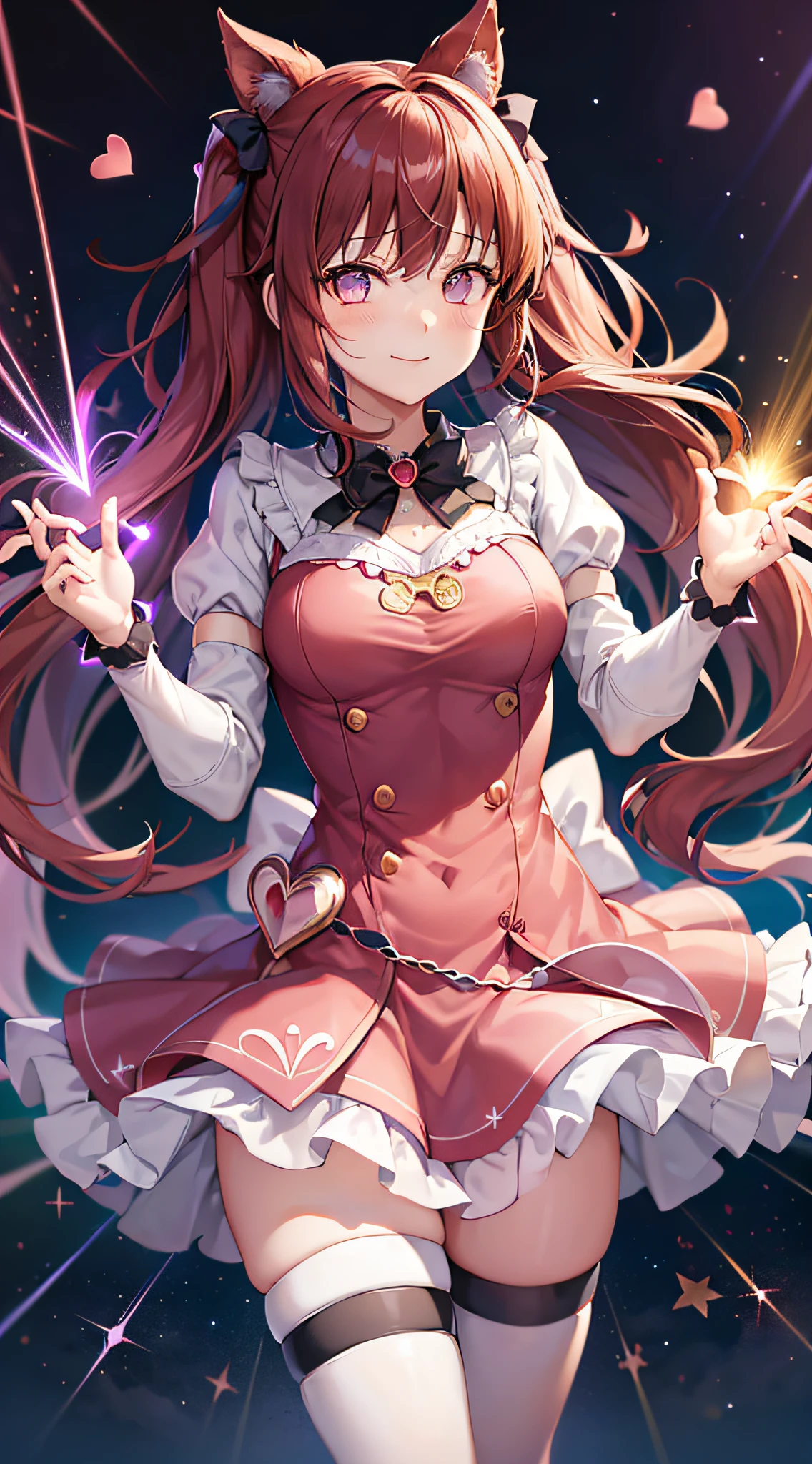 Absurdity, high resolution
break
One girl shooting wide (laser: 1.2) in the shape of a heart (laser: 1.2) to the viewer, red (magical girl) costume, smile, happiness, (fractal: 1.2) (laser beam of light: heart shape: 1.2) effect, growing heart, (ripple)
break
Nice and cute backgrounds
break