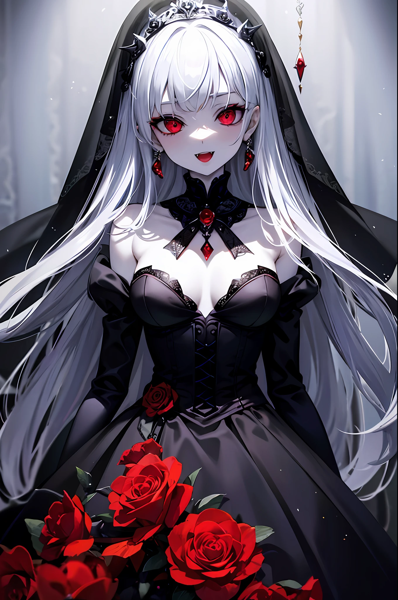 Top quality, masterpiece, very precise details, absurdity, very fine 8KCG wallpaper, very delicate and beautiful girl, highly detailed character, incredibly beautiful, (transcendent robot beautiful girl: 1.5), Dracula, black wedding dress, pale skin, black face veil, red eyes, red lipstick, (laughs with wide open mouth), long canines, half-closed eyes, bats, long nails, horror tone,