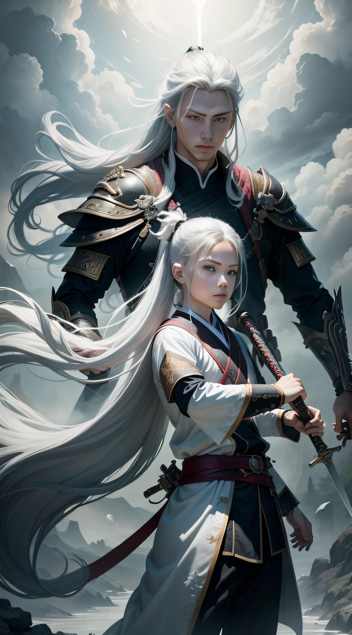 Fantasy Art, Photo Realism, Dynamic Lighting, Art Station, Poster, Volume Lighting, Very Detailed Faces, Fauvist Design, Bright Colors, 8K, Award-Awarded, A Young Man, White Long Flowing Hair, Clear and Clean Face, Ponytail Hairstyle, Hairpin, Chinese Style, White Robe, Black Plum Embroidery, Ancient Immortal Cultivator, Immortal Qi Surrounding Figures, White Mist, Sword Holding in Both Hands, Drawing Sword Chopping, Japanese Taita, Long Sword, Ring Black Sword Qi Surrounding, Many Dao Sword Qi, Sword Qi Tearing Space, Dynamic Perspective, Red Belt, Defensive stance, combat stance, very cloudy background, cloudy fog, rhapsody,