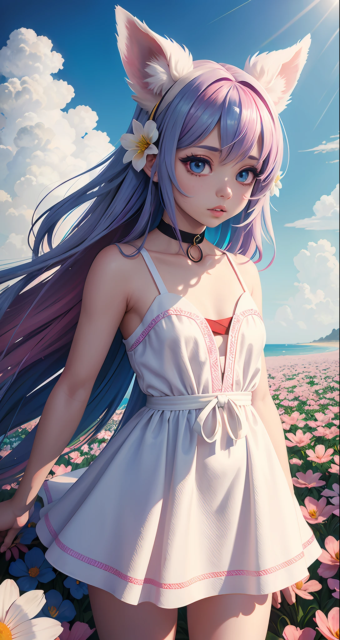 Color splash, acrylic paint, color explosion, small flowers on the head, light rainbow shiny hair, long hair. Perfect eye makeup, pouty lips, collarbone, blue sky and white clouds, front, holding flowers Ultra HD, Ultra Details 8k Distinguishable A girl with long hair with stars on her neck and ears, wearing a white dress, Du Qiong, Anime Girl, A Detailed Painting, Fantasy Art, Dynamic, Super Detail, Sell Shadow, 8K Detail Post-processing, Magnificent, Surrealism, 8K, Epic Composition, Intricate Detail, Best Picture Quality