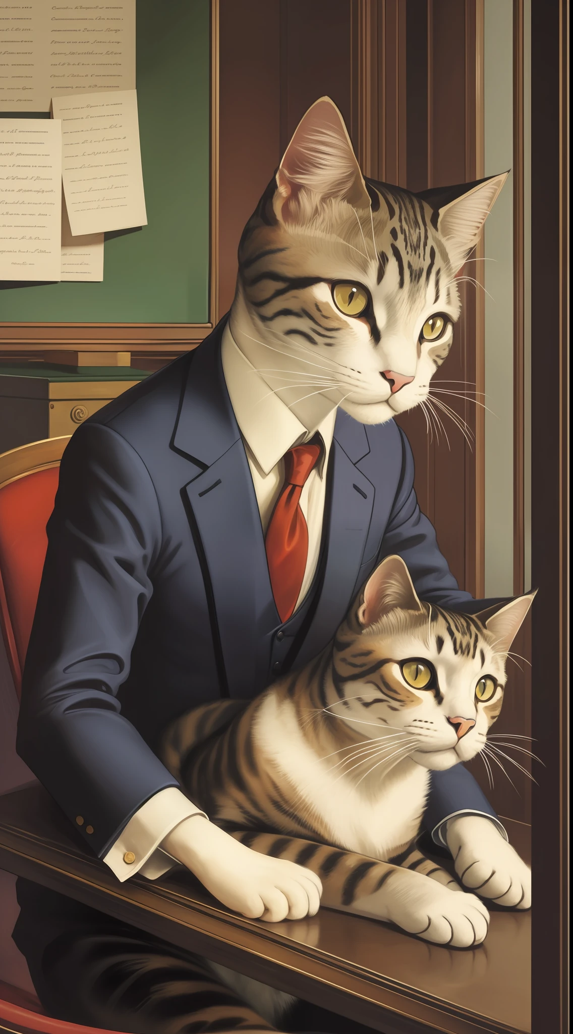 art by Henry Scott Tuke,sad and tired anthropomorphic cat in tight office attire, sitting, high resolution, masterpiece, HD,