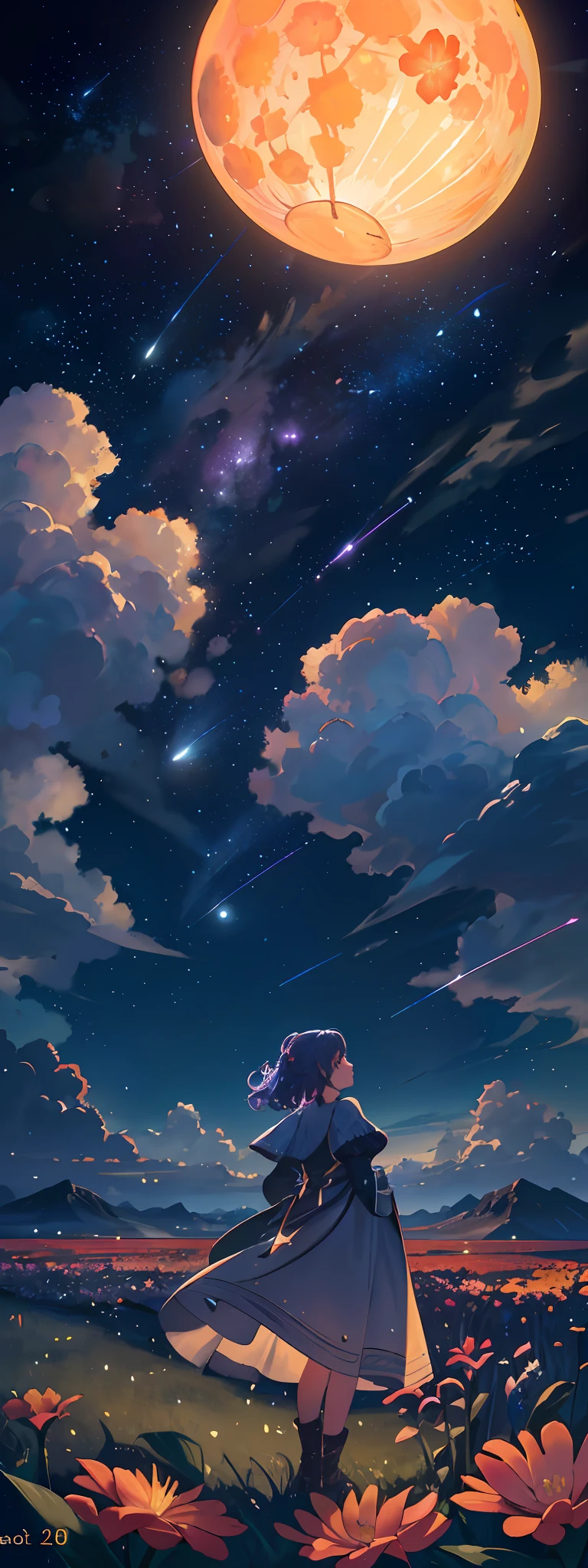 Vast landscape photo, (view from below with a view of the sky and flower field below), little girl standing in a flower field looking up, (full moon: 1.2), (shooting star: 0.9), (nebula: 1.3), distant mountain, tree break production art, (warm light source: 1.2), (firefly: 1.2), lamp, purple and orange, intricate detail, volume lighting, realism break (masterpiece: 1.2) (Best Quality), 4K, Ultra-Detailed, (Dynamic Configuration: 1.4), Highly Detailed and Colorful Details, (Iridescent Colors: 1.2), (Glowing Lighting, Atmospheric Lighting), Dreamy, Magical, (Solo: 1.2)