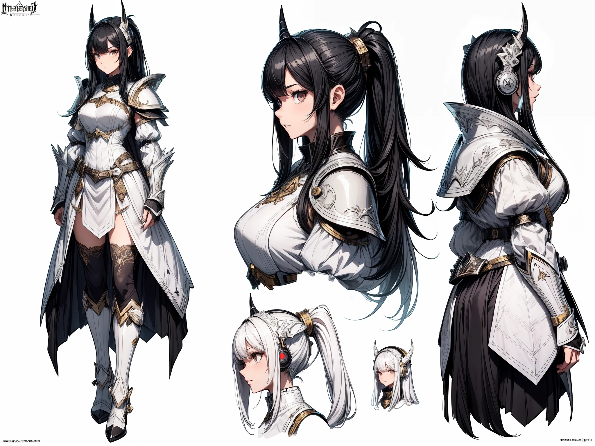 (masterpiece), ultra detailed, 8k, ((A character sheet:1.4)) or reference sketch of a long haired gal girl with sharp teeth and she is a gamer with her headphone and have a horn, ultra realistic and sharp detail and intricate, intricate details, and style, simple background illustration, white flat background,((long black hair)),((long hair)),((armor))