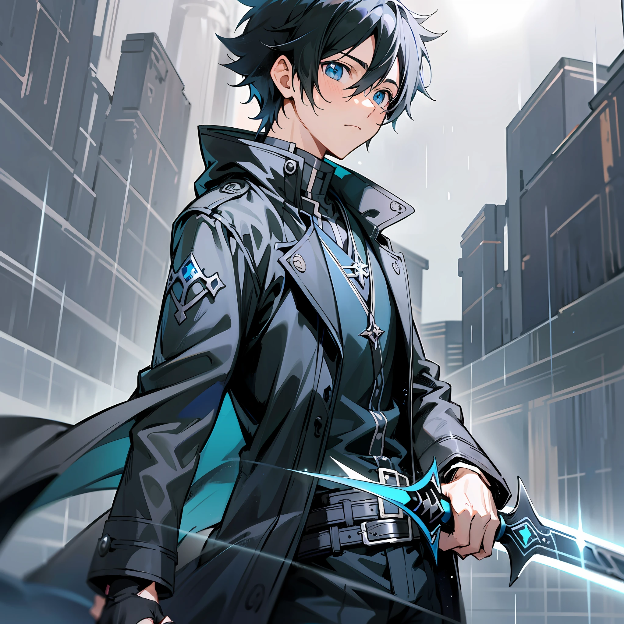 Kirito,1boy,solo,holding black and blue swords,dual weilding,black trenchcoat,black short messy hair,sword art online, raining, highest quality digital art, Stunning art, wallpaper 4k, absolutely stunning art,close up shot