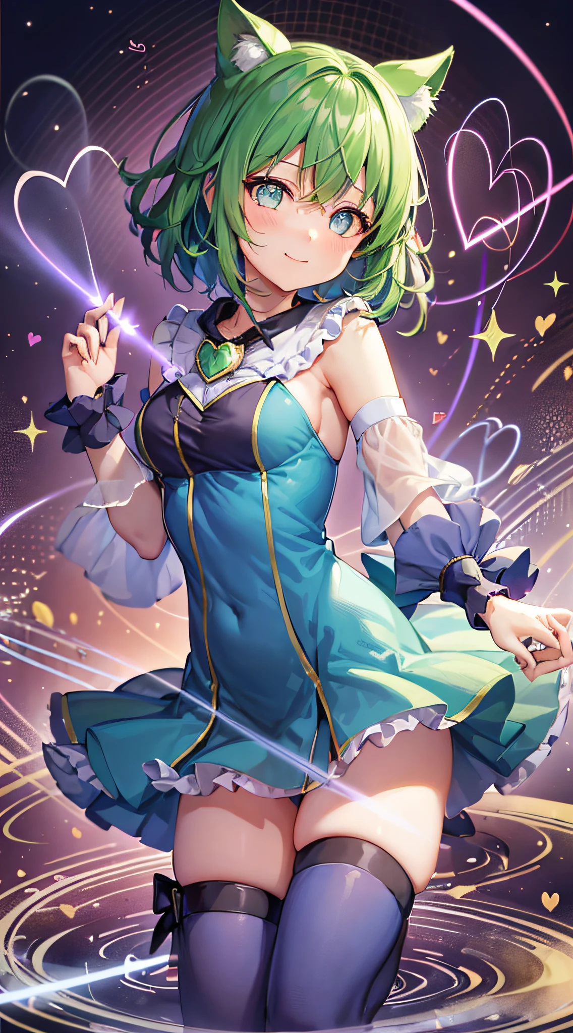 Absurdity, high resolution
break
One girl shooting wide (laser: 1.2) in the shape of a heart (laser: 1.2) to the viewer, green (magical girl) costume, smile, happiness, (fractal: 1.2) (laser beam of light: heart shape: 1.2) effect, growing heart, (ripples)
break
Nice and cute backgrounds
break