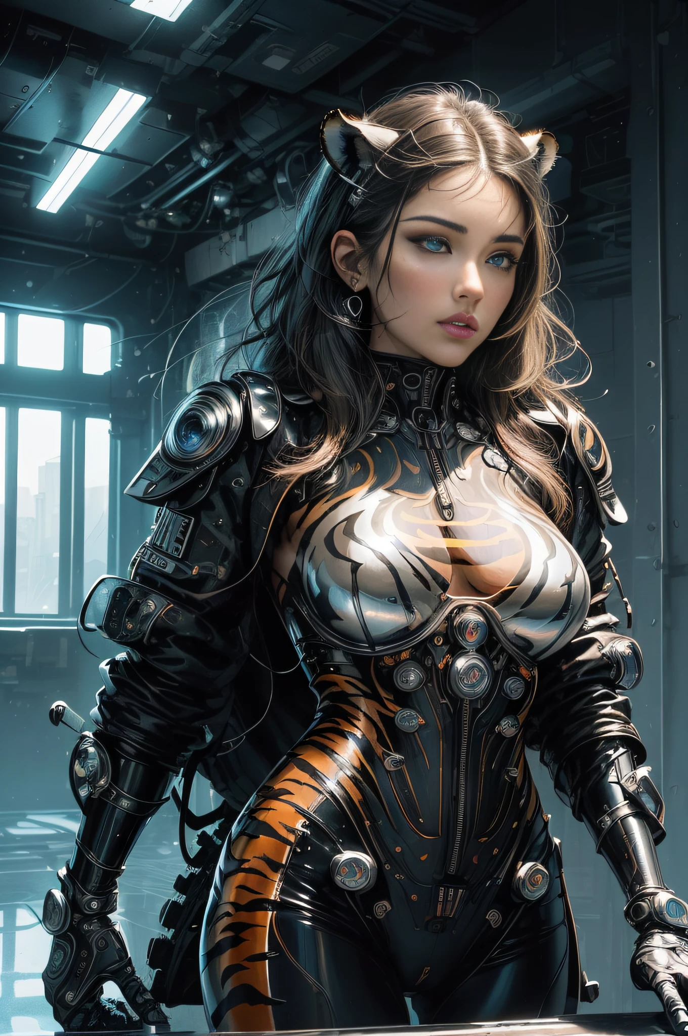 [Detailed illustrations, art based on extremely ideal anatomy, very detailed and detailed drawings, slow and delicate lines, realistic texture expression],((Accurate simulation of light-material interactions, understanding of air flow, mechanically correct expression)),(Design built at a high level,((Advanced structural understanding)),Ideal color coordination),((Complex decoration ( Ultra-dense detail)),(Detail,High Definition)(Color tressed lines)),(Artwork with outstanding craftsmanship),((Fine and beautiful skin expression (transparency))),(Perfect and beautiful face,Realistic face detail),(Perfect eye (Realistic pupil details (Beautiful iris drawn in detail) (Sharp pupil))),(Perfectly proportioned proportions)),( Briefing Room Background),[HENTAI ANIME Girl Japanese Beauty Cyborg 17 Years Old Wild Hair] Muscular KARATE (Mechanical arms (built-in engine: 0.4)),[Black Leather Jacket] (Black Belt: 0.3),((Tiger) (Translucent Fitting Rubber Inner)) (((Tiger Stripe))),((Chrome Coated)), (Science Fiction Mechanical Bioengineering),[Ultra Precision Detail,High Quality,High Resolution,((Multilayer Texture))],((Visual Art with a Narrative Feel)).