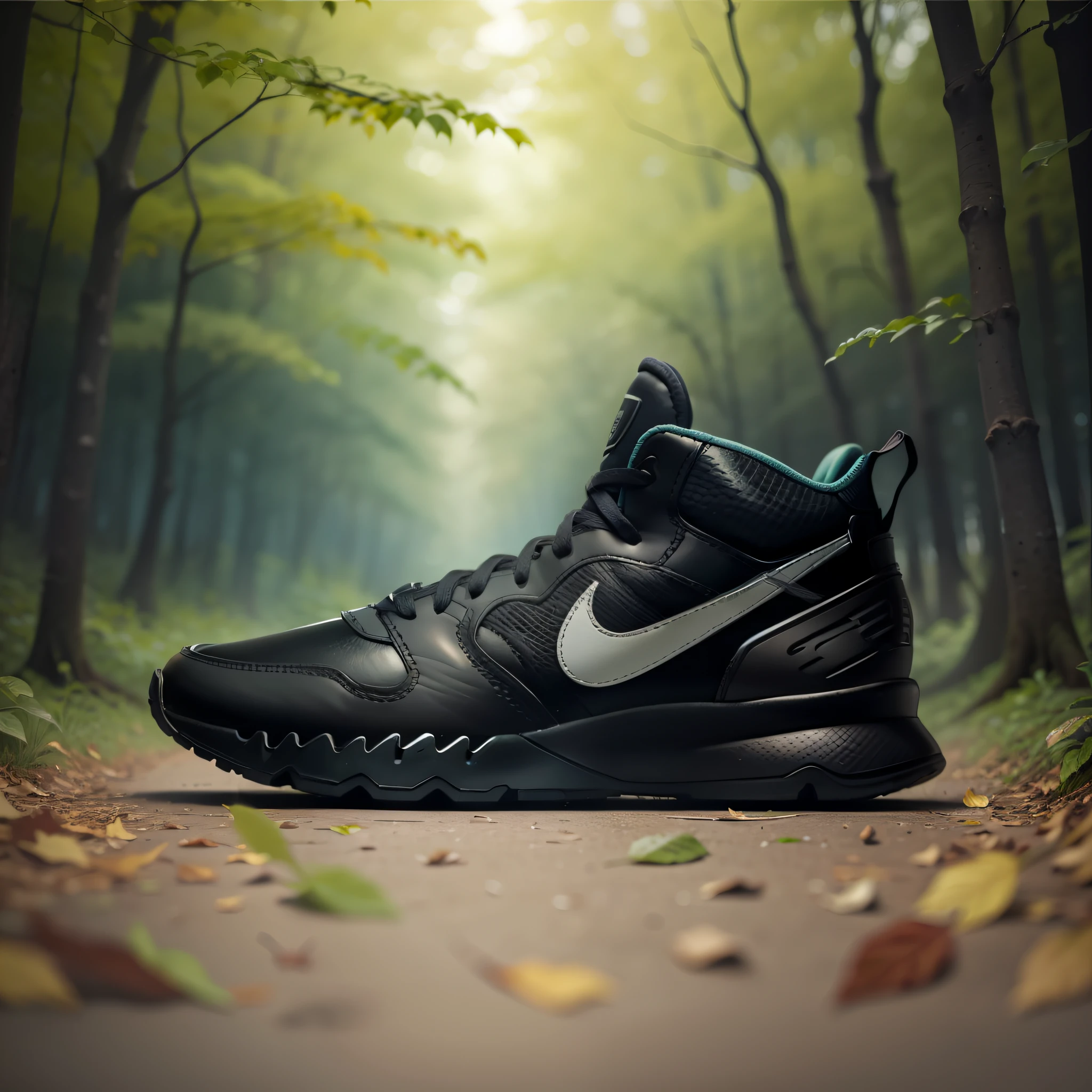 A black sneaker in the forest, leaves