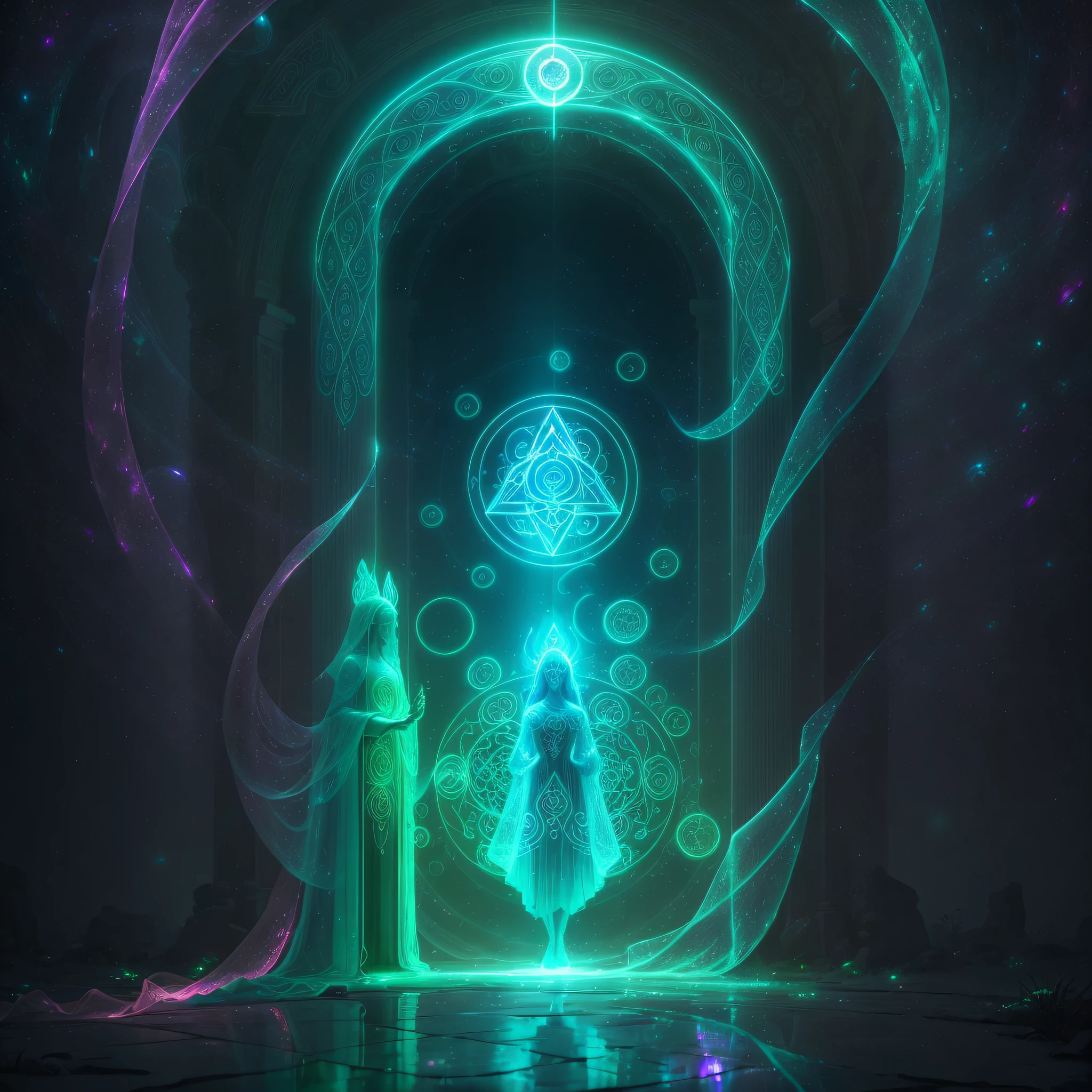 Photography prompt: A multidimensional portal emitting streams of luminescent matter, surrounded by an ethereal, organic membrane. The portal is flanked by two statuesque guardians, with intricate glowing sigils on their bodies. --auto --s2
