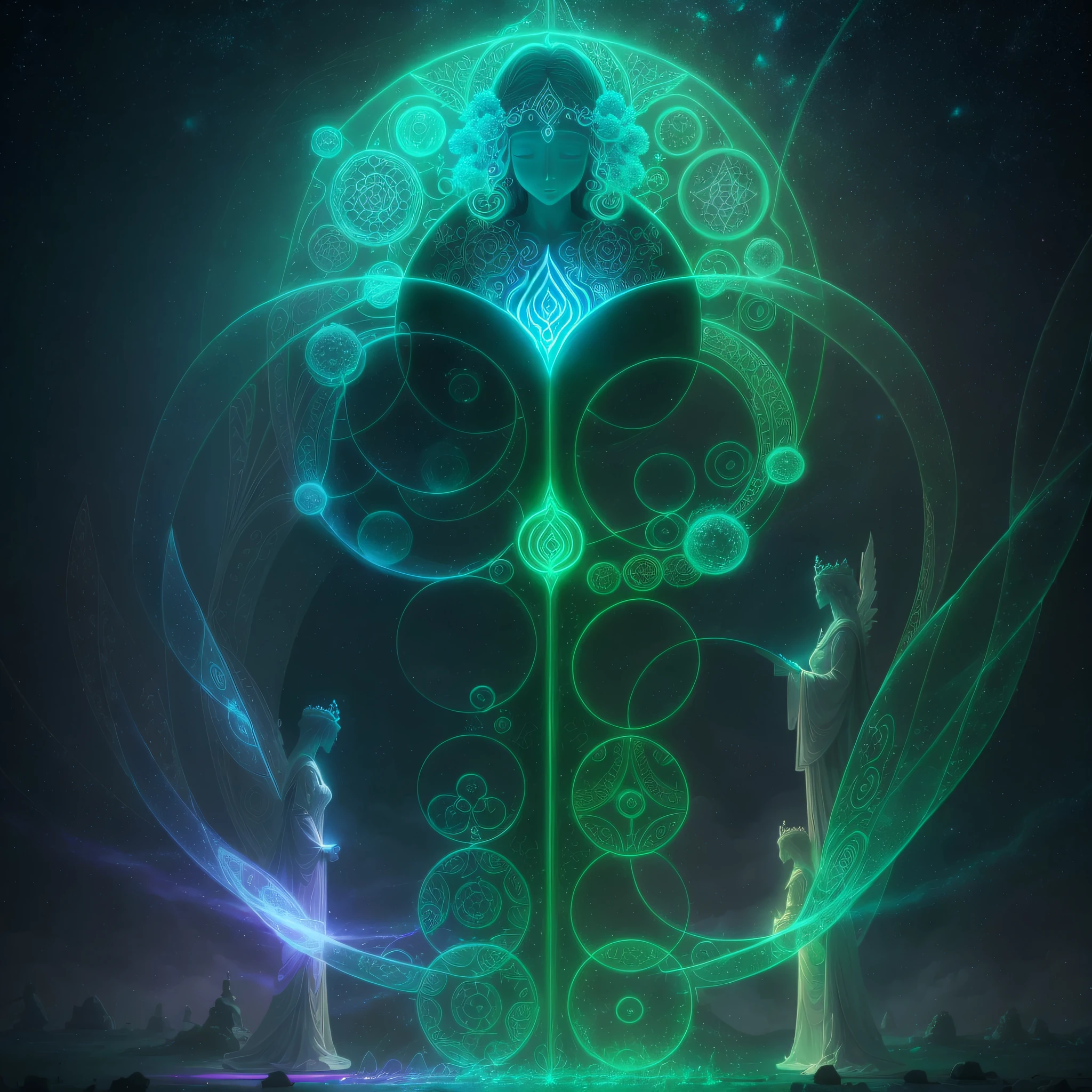 Photography prompt: A multidimensional portal emitting streams of luminescent matter, surrounded by an ethereal, organic membrane. The portal is flanked by two statuesque guardians, with intricate glowing sigils on their bodies. --auto --s2