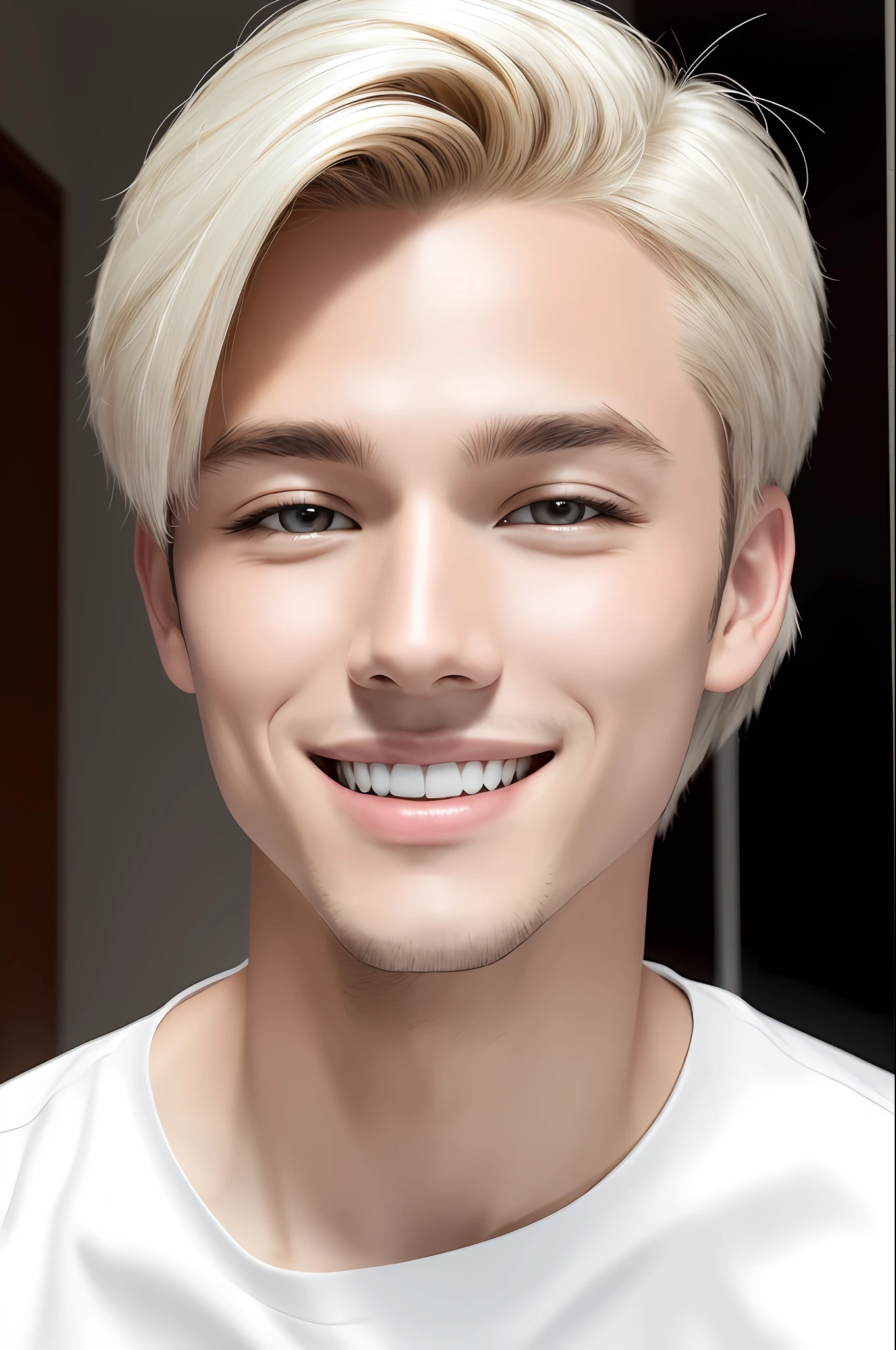 oppav3, (masterpiece, super quality, high resolution, 8k, complex: 1.2), (detailed face: 1.2), (wearing a white shirt: 1.5), handsome, detailed skin, pores, absurdity, lump, 1 boy, male focus, (realistic)), good lighting quality, delicate body, hallyu idol, ((pale skin)), bend, balanced eyes, brown eyes, smile, white teeth, smooth hair