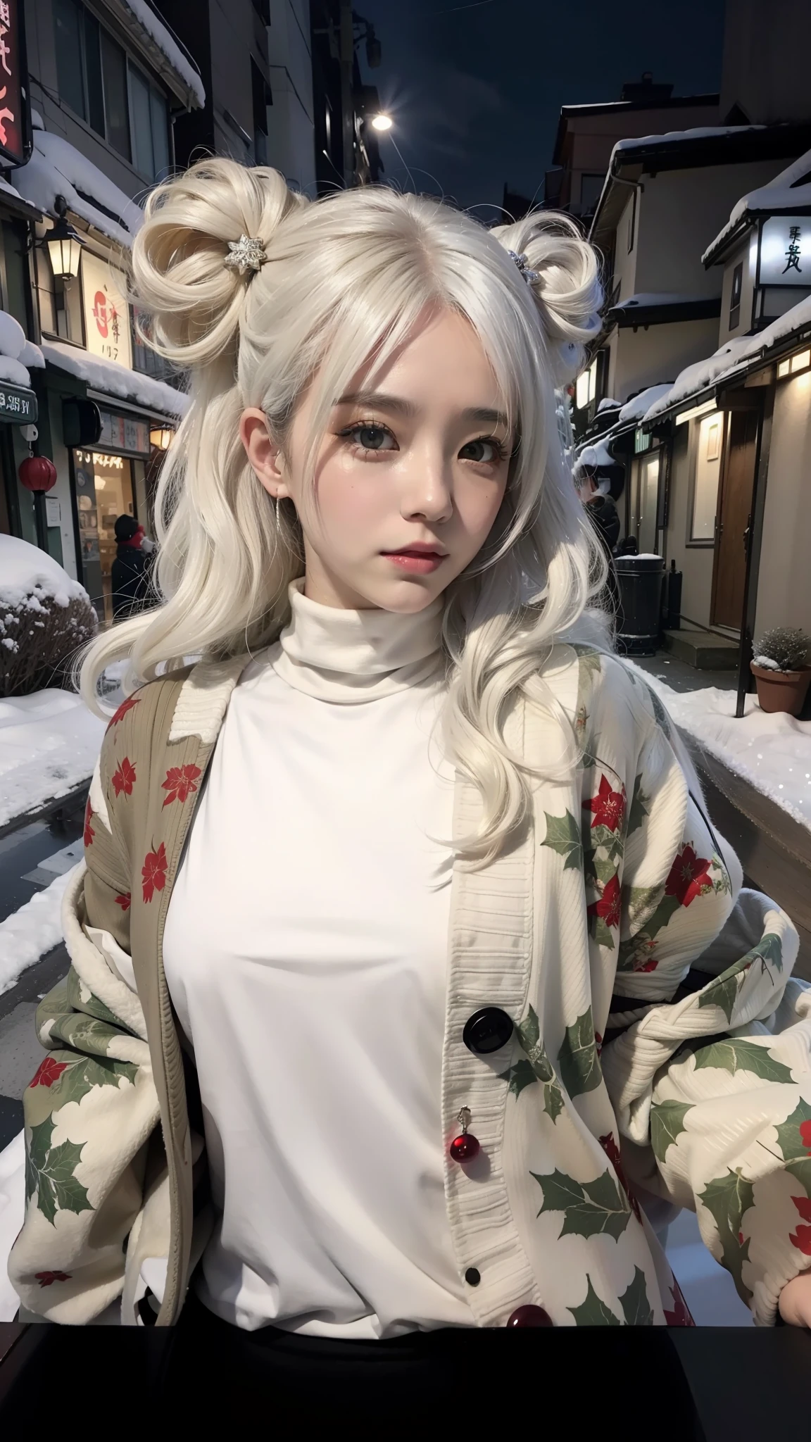 (real life), city Christmas eve, winter, white hair, (short wavy hair), turtleneck, japanese woman, yandere