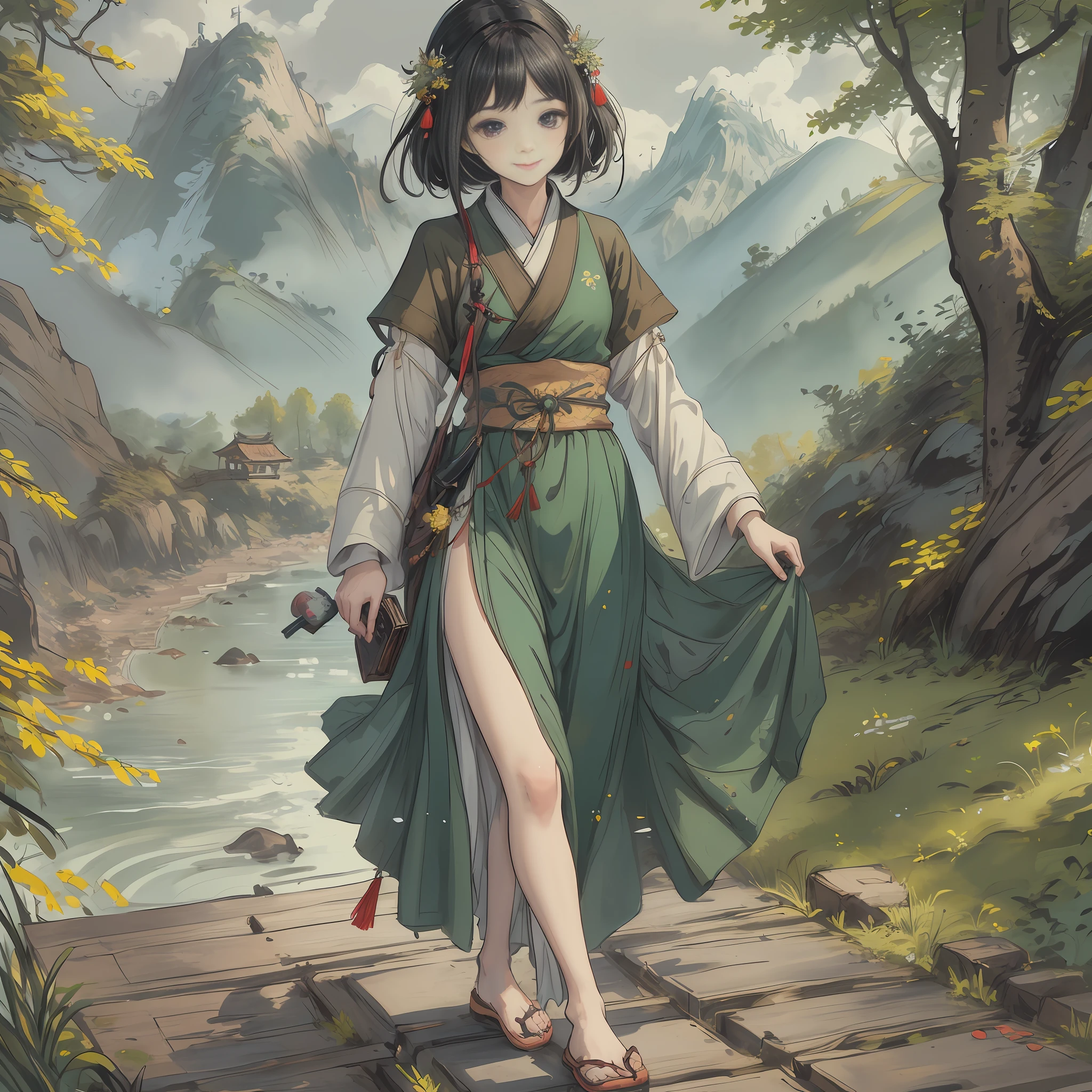 ((4K, masterpiece, best quality)), shuimobysim, Chinese painting, hanfu, maxiskit, dress conservatively 1 cute girl, solo, black hair, tied two pill heads, smile, walk, mountain road, a talisman on the forehead, barefoot, holding a mountain stick, carrying a small green book box,